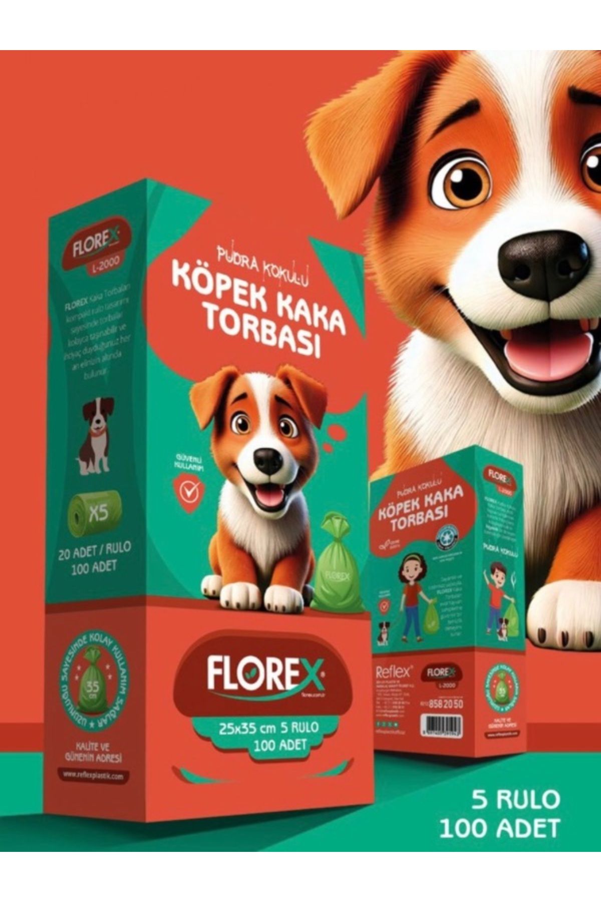 Florex Evcil Hayvanlar Için Pudra Kokulu Köpek Kaka Poşeti Torbası 5 Rulo Toplam 100 Adet