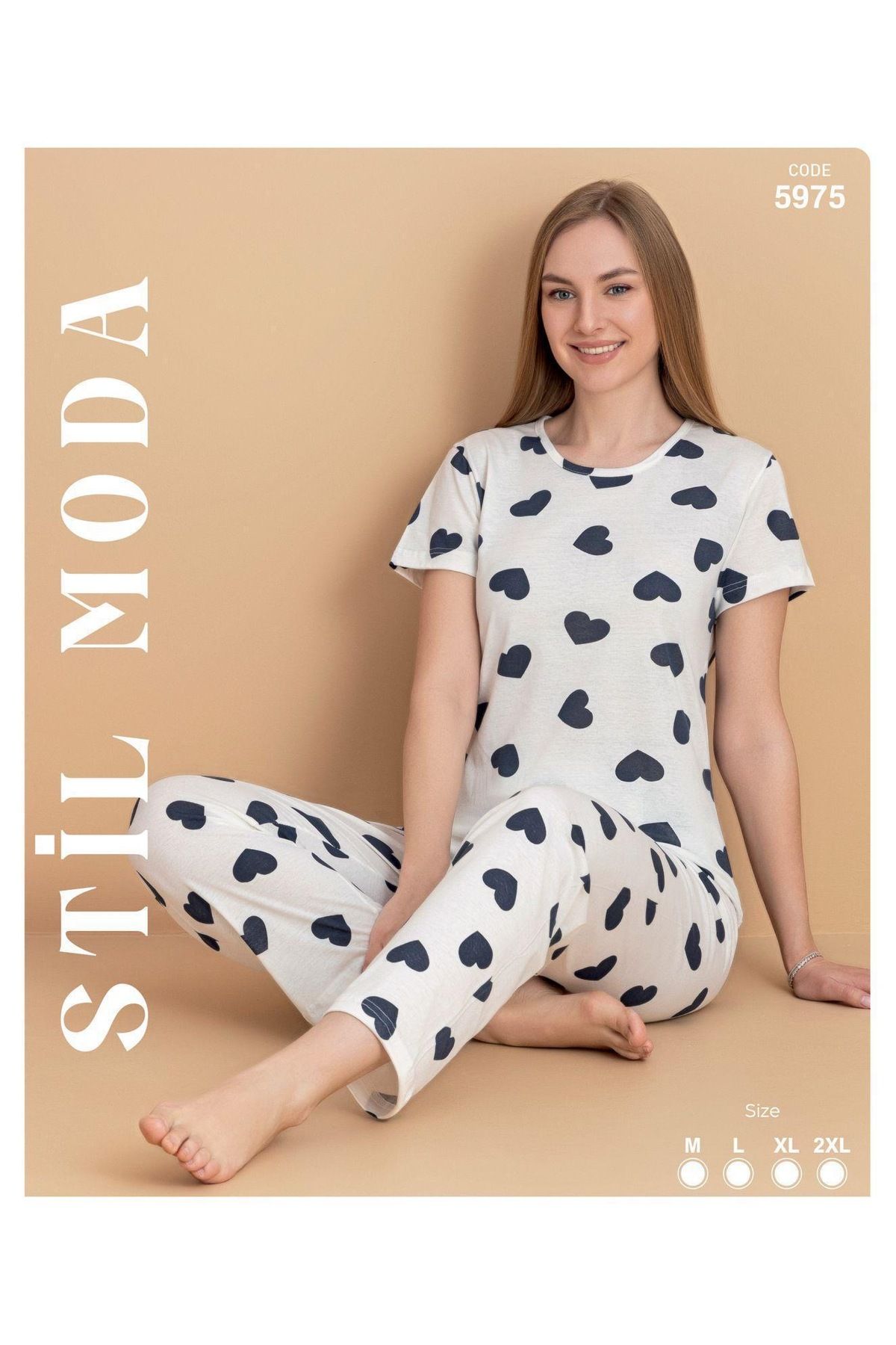 Stil Moda Kalpli Kadın Pijama Takımı Beyaz Bisiklet Yaka