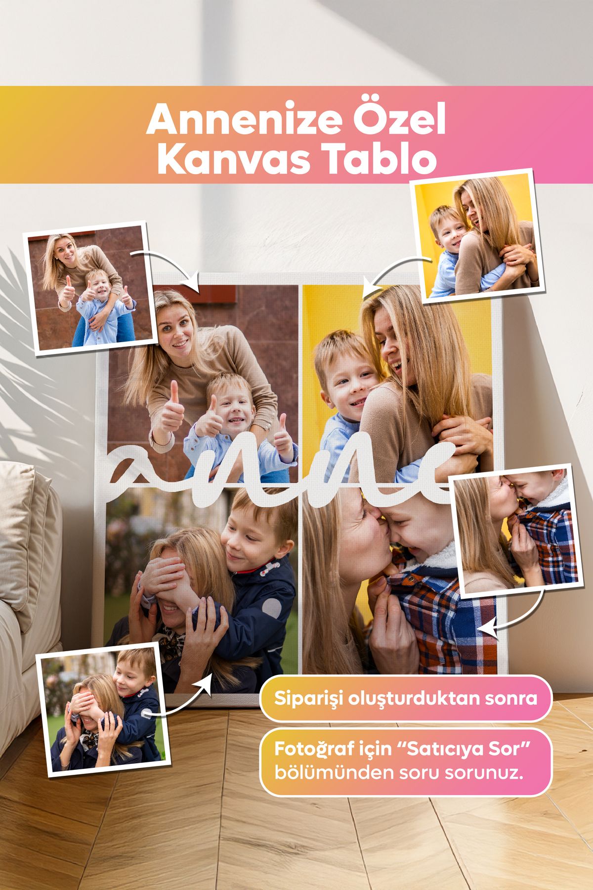Dekopix Kişiye Özel - Anne Yazılı 4 Fotoğraflı - Kanvas Tablo