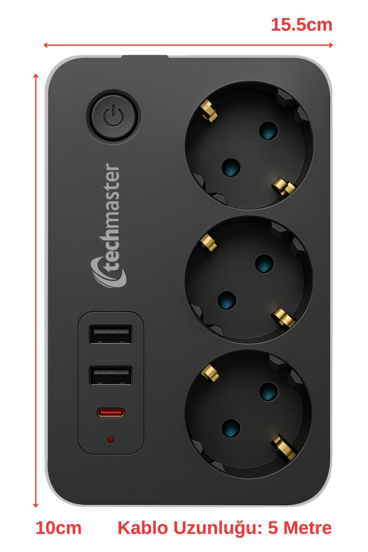 Techmaster-2 USB + Type-C حماية من التيار والحماية للأطفال 3 مقابس مربعة 5mt 5