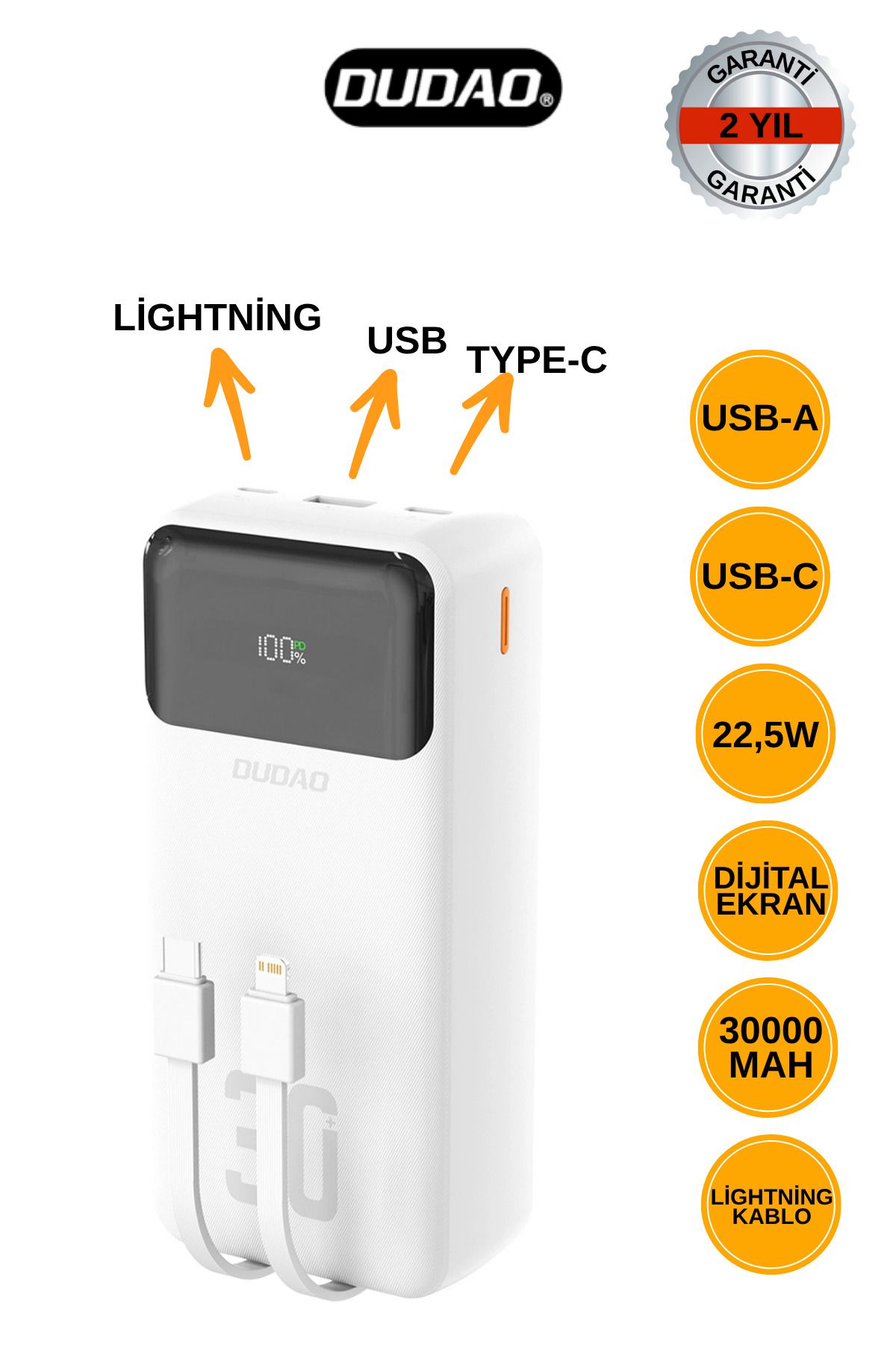 DUDAO K15MAX-30.000 mAh Powerbank 22.5W Hızlı Şarj DAHİLİ KABLOLU BEYAZ