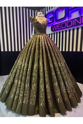 EKY GÖR SEV WEDDING DRESS KÜF YEŞİLİ ALTIN RENGİ PİLELİ NİŞANLIK