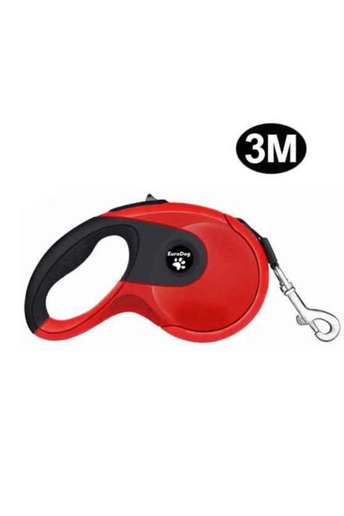 ShopNova Euro Dog Otomatik Köpek Gezdirme Tasması Yumusak Doku Kırmızı/Siyah 3 Mt