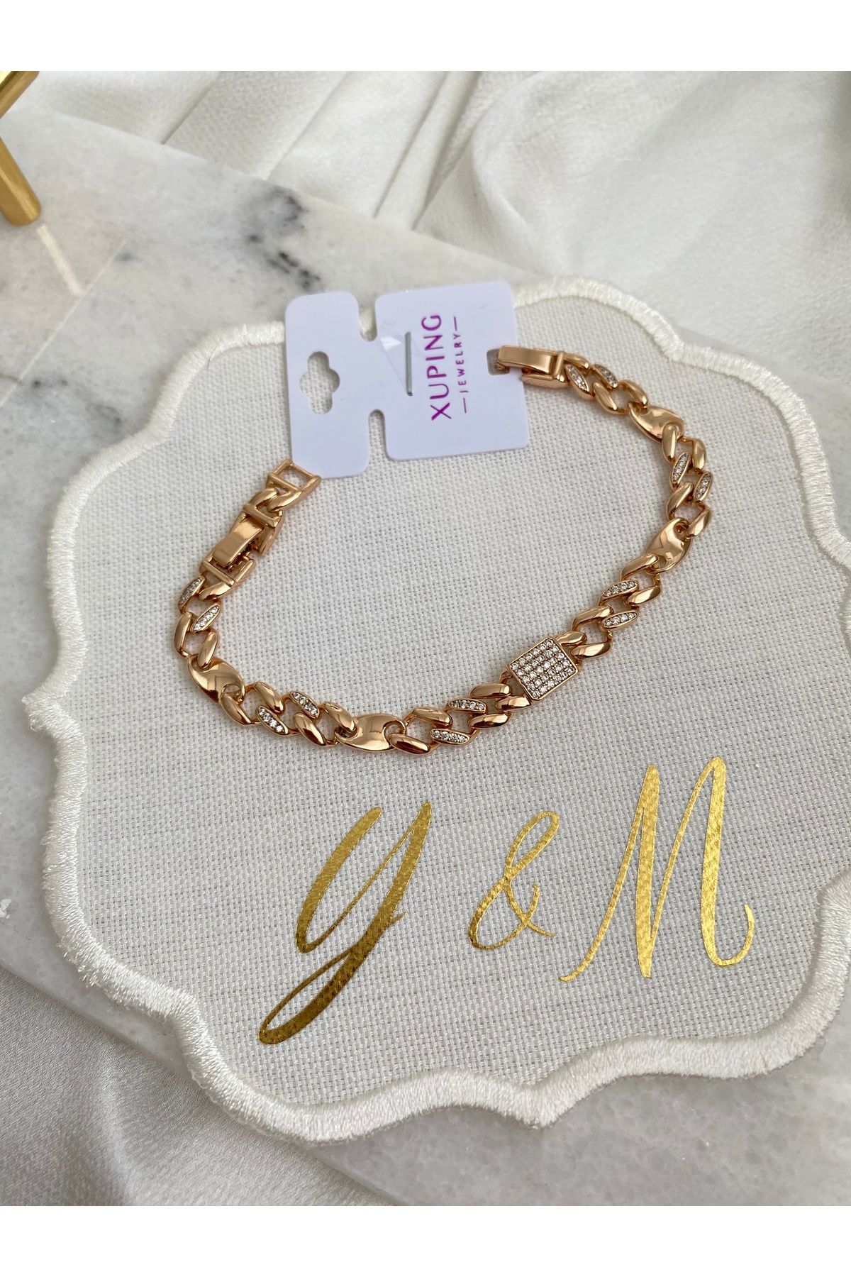 YM Xupıng Rose Kola Kapağı Dikdörtgen Taşlı Bileklik 17 2 Cm - Kararmaz Bileklik