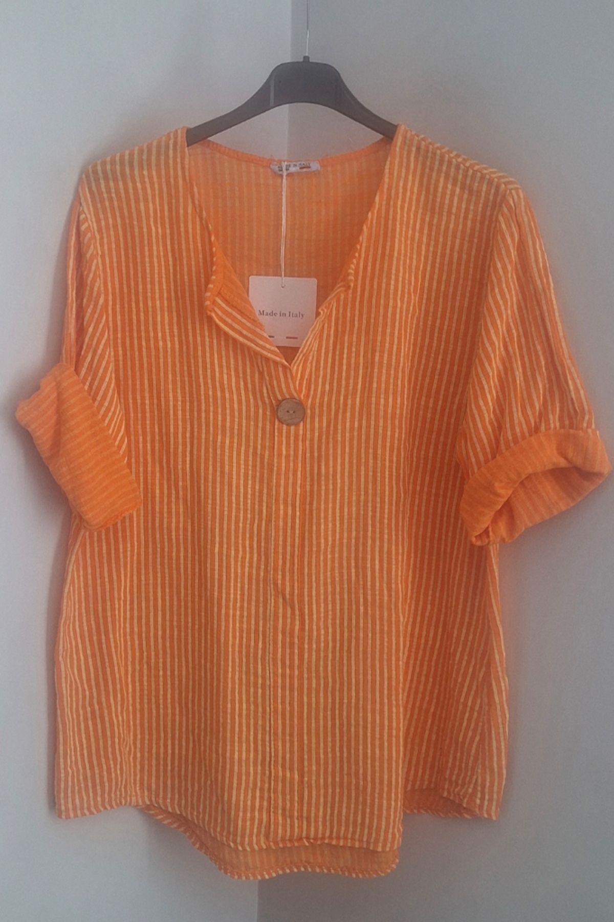 AYASOFYA OTANTIK Kadın Italyan Turuncu Çizgili 3/4 Kollu Oversize Salaş %100 Pamuk Bluz Tunik