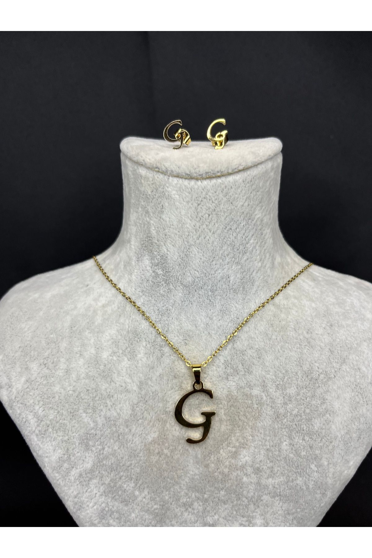 Mos Tespih G Harfi Gold Çelik Kolye ve Küpe Set