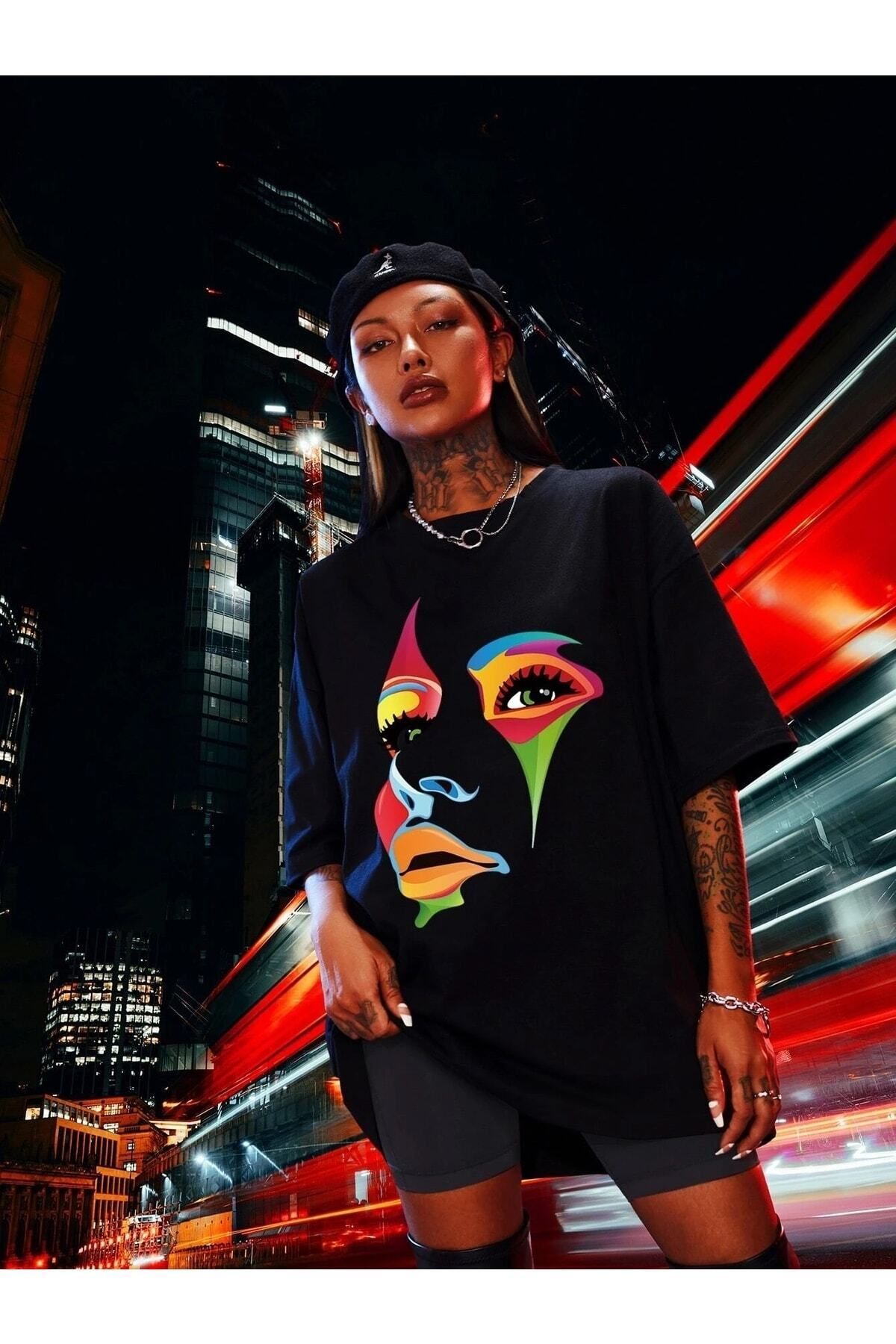 Boi Kadın / Kız Siyah Oversize T-shirt Renkli Yüz Baskılı