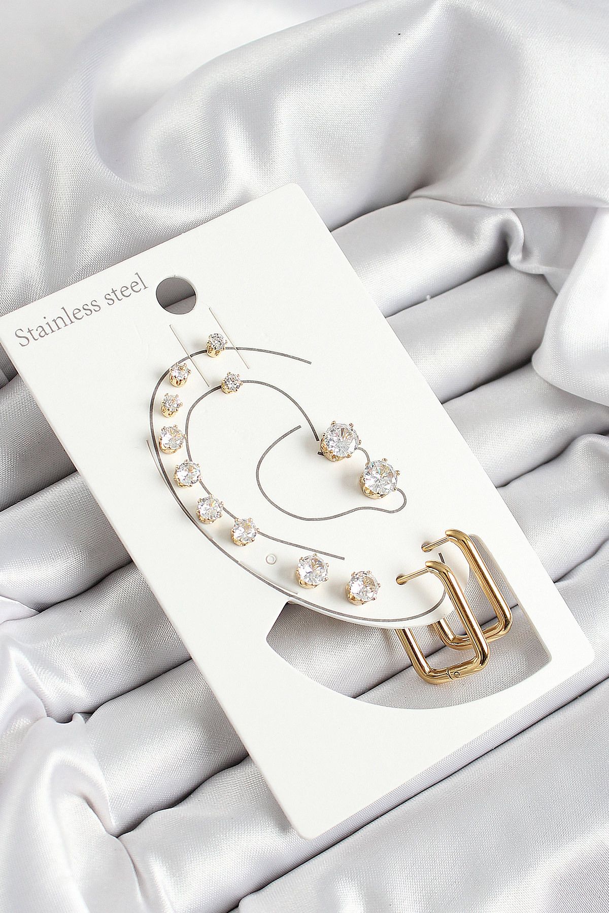 ShopZum 316L Çelik Dikdörtgen Figürlü Ve Zirkon Taşlı Gold Renk 7'li Çift Kadın Küpe Set