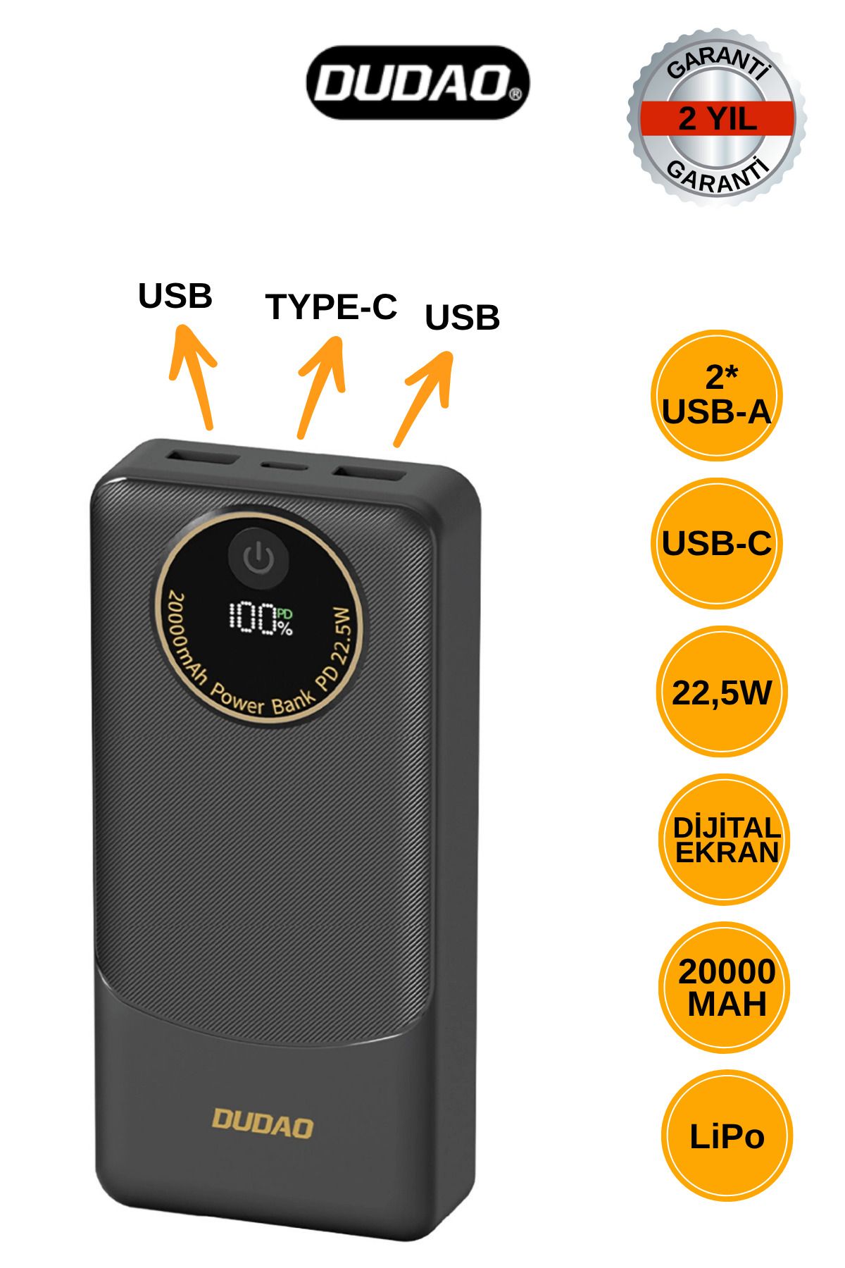 DUDAO K12PRO 20.000 mAh Powerbank 22.5W Hızlı Şarj
