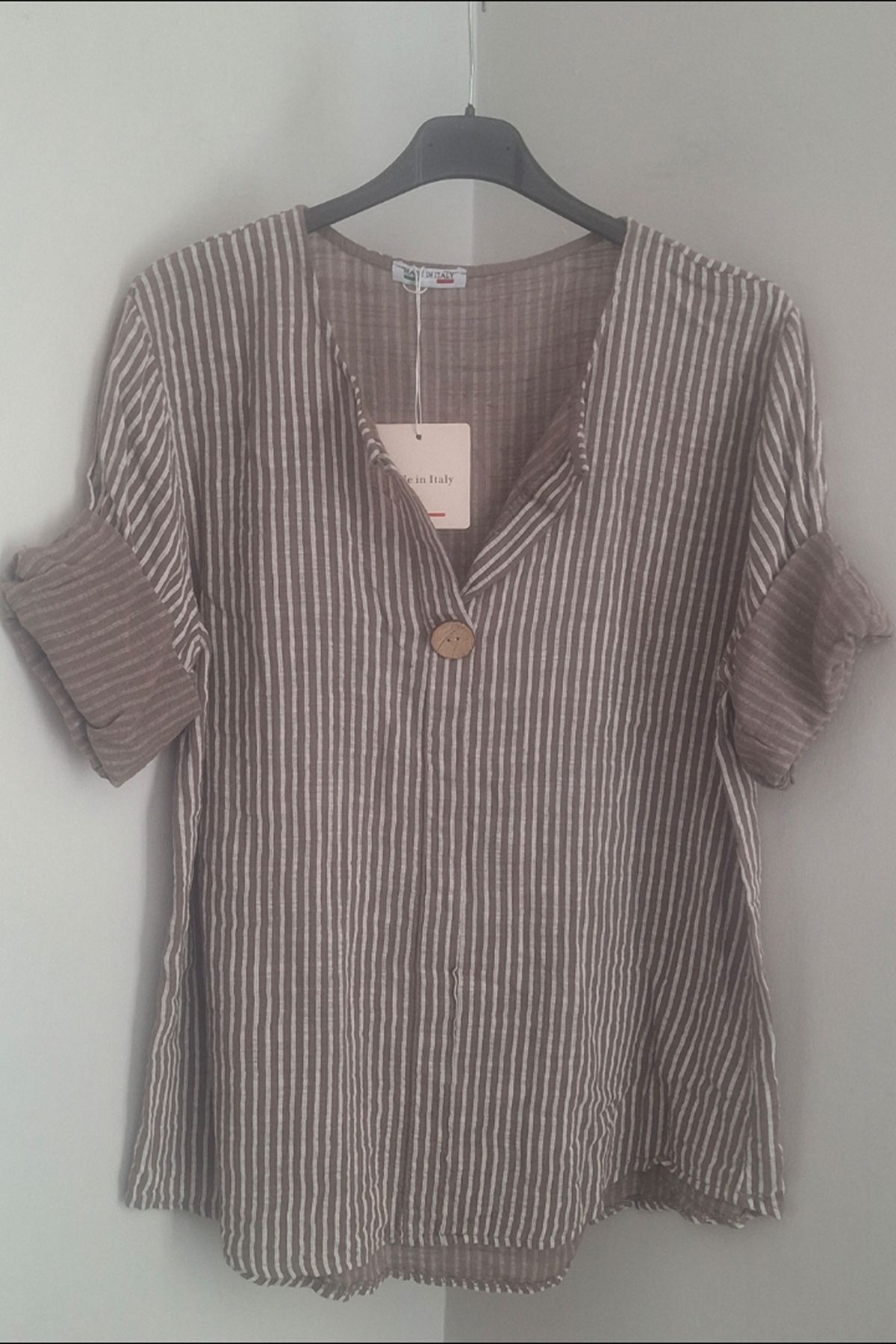 AYASOFYA OTANTIK Kadın Italyan Vizon Çizgili 3/4 Kollu Oversize Salaş %100 Pamuk Bluz Tunik