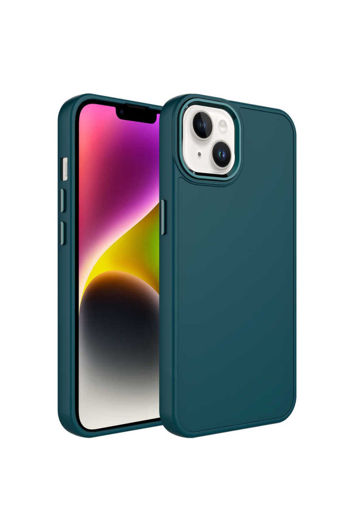 halkhouse Apple iPhone 14 Kılıf Metal Çerçeve ve Buton Tasarımlı Renkli Esnek Kırılmaz Silikon Luna Kapak