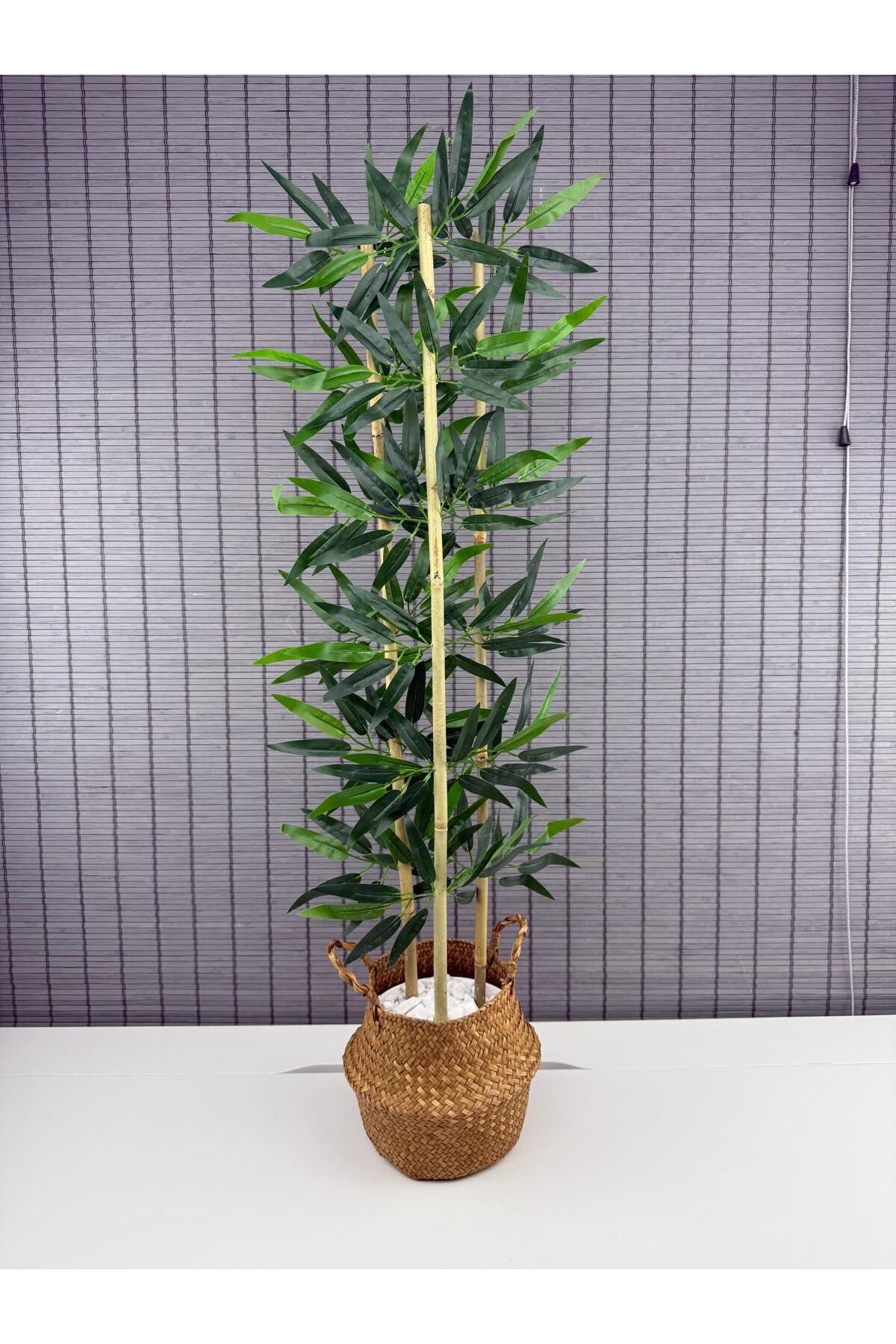 Bahçem Dekoratif Yapay Yapraklı Natural Hasır Bambu Sepetli Dekoratif Bambu Ağacı 100cm