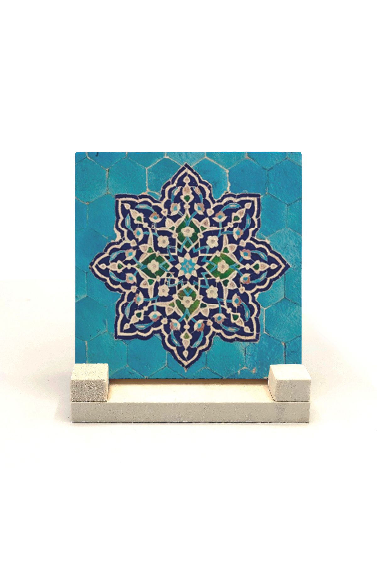 Souvenest İran Geometrik Çini Desen Baskılı Doğaltaş Masaüstlük 10x10 Kd-51