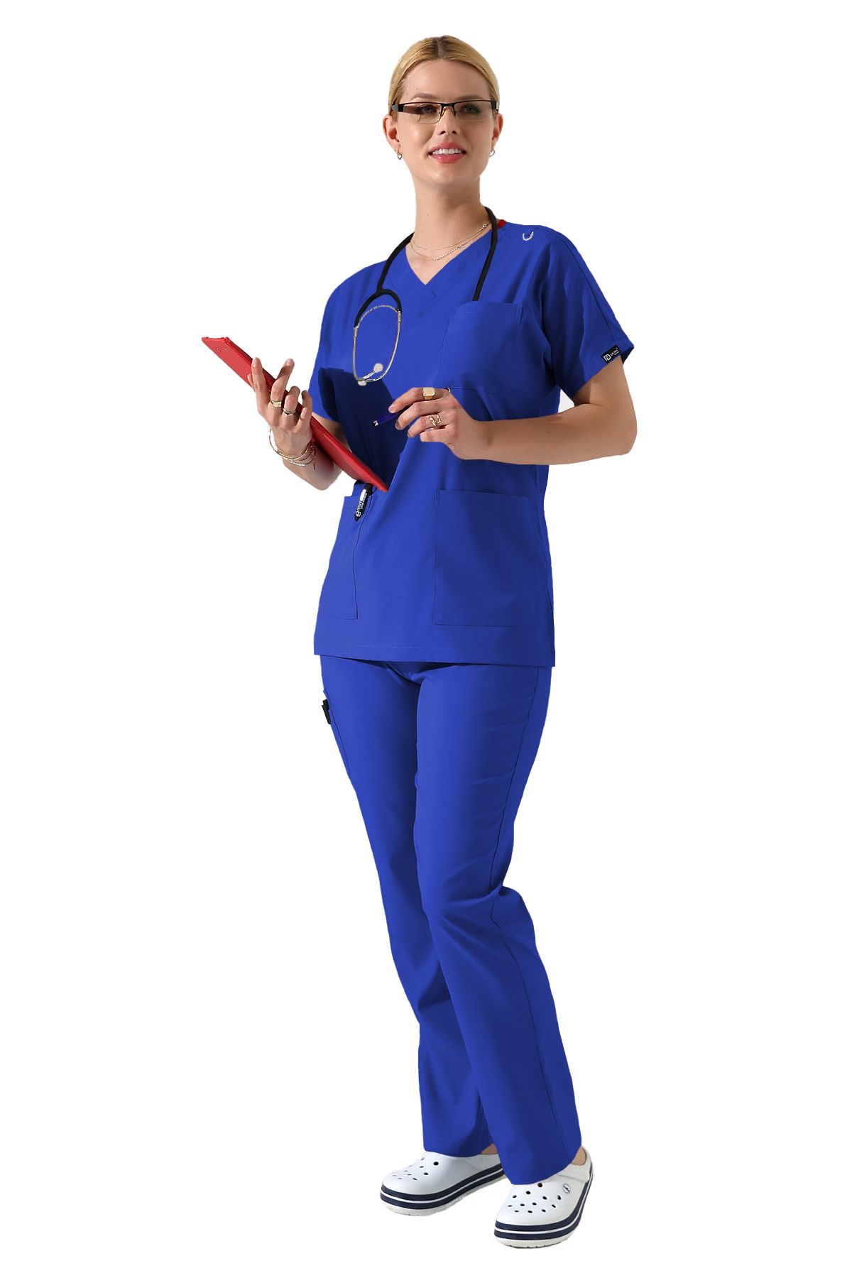 BEDUCA Saks Mavisi Likralı Dr Greys V yaka Yarasa Kol Hemşire Üniforma Takımı, Büyük Beden Kadın Scrubs