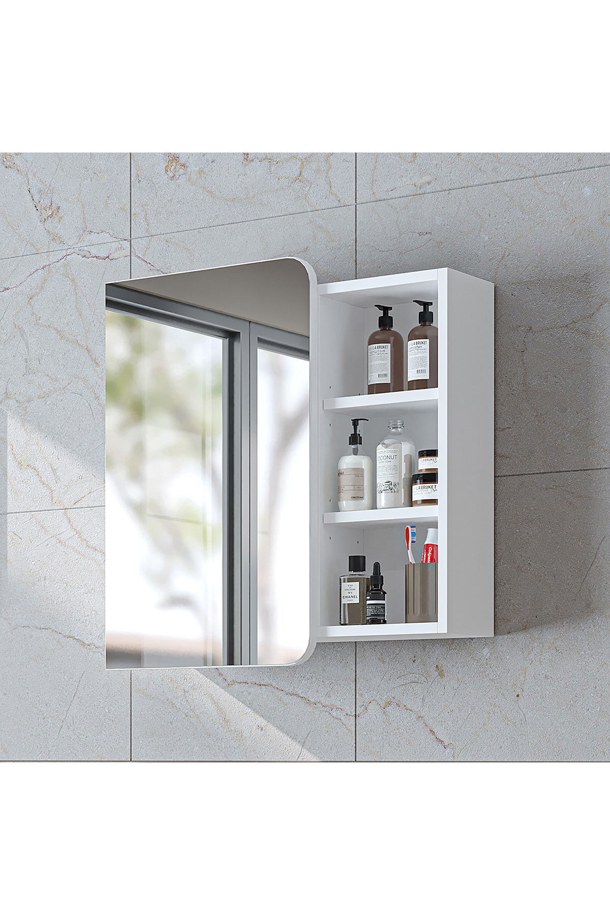 ROOMART Likya Kulpsuz Tek Kapaklı Açık Raflı Aynalı Mdflam 70 Cm Aynalı Banyo Üst Dolabı