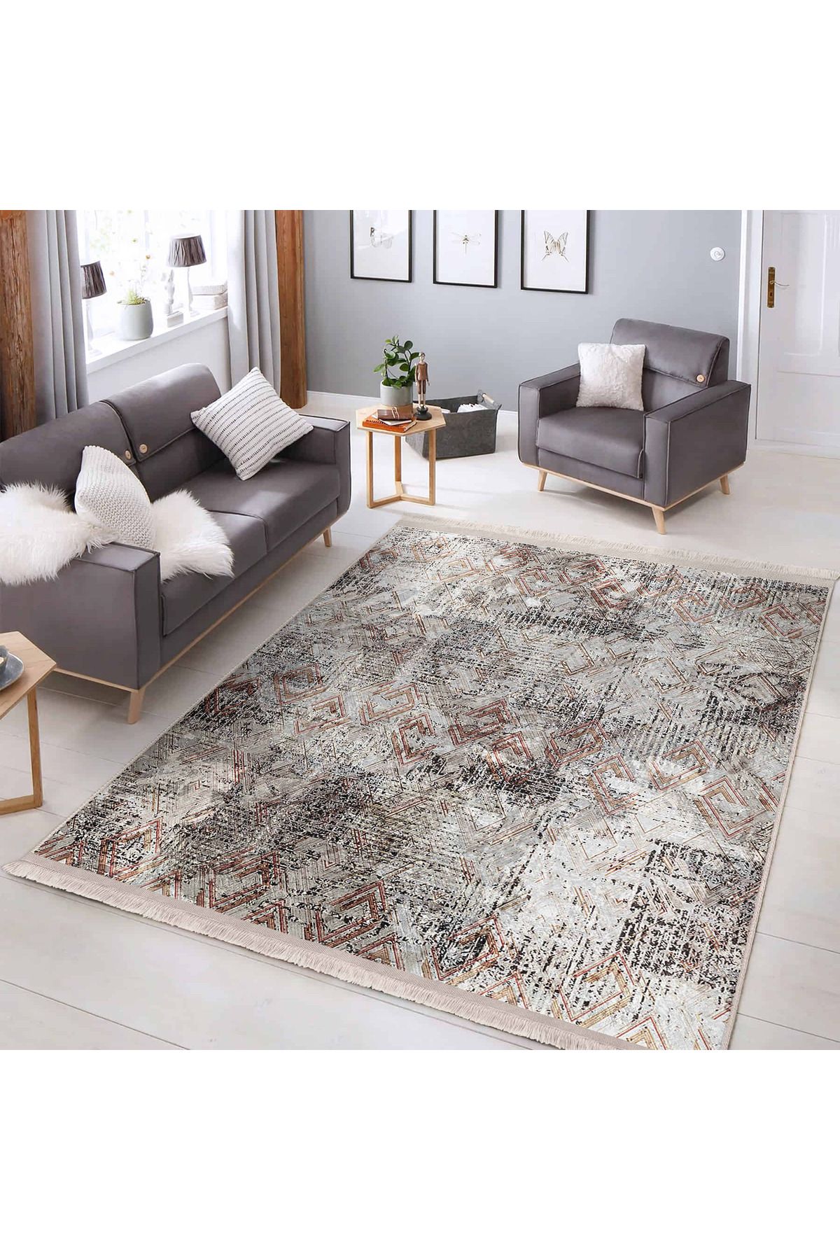 Realhomes Modern Geometrik Desenli Renkli Dijital Baskılı Salon Halısı Yıkanabilir Kaymaz Taban