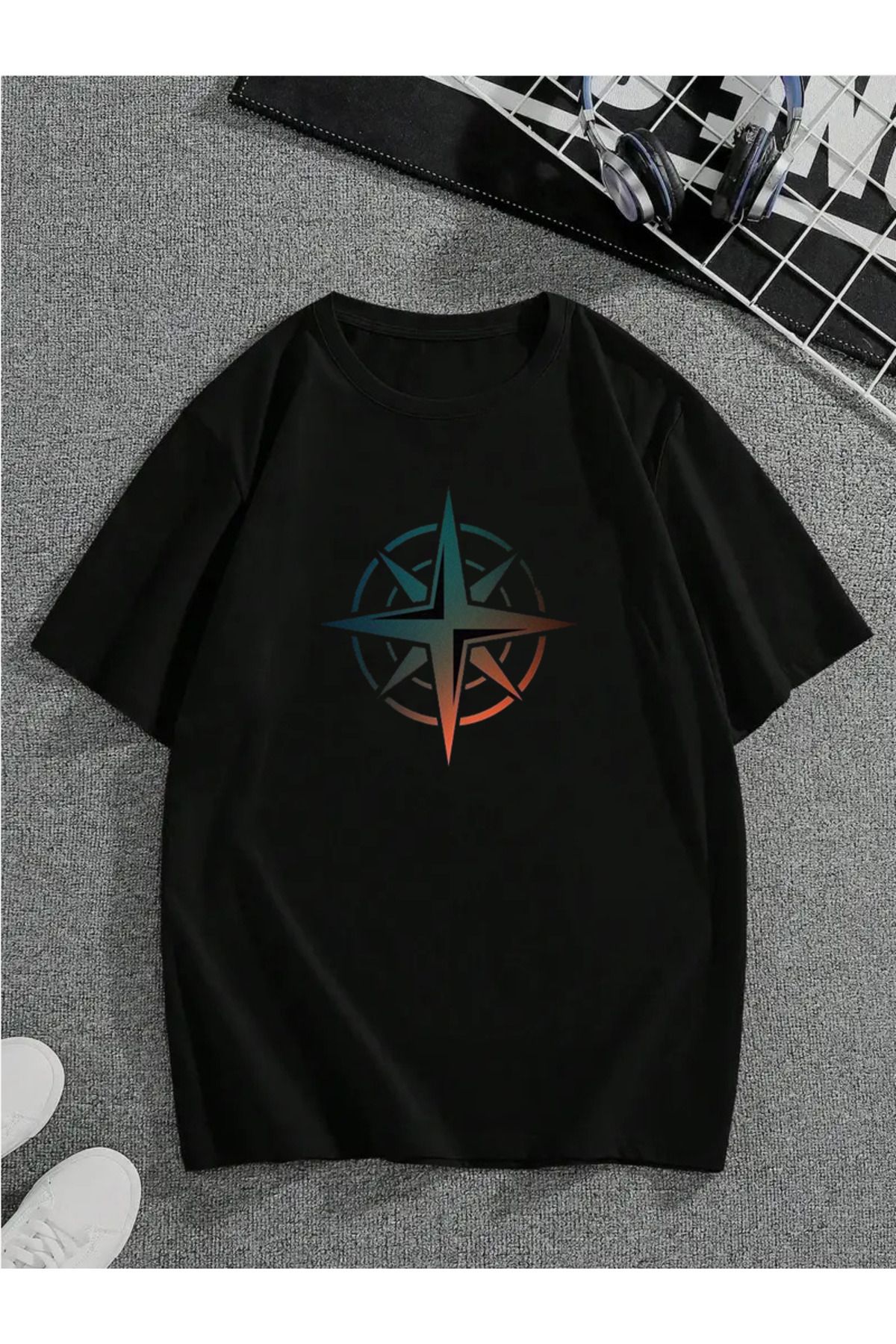 MODA Unisex Oversize Kalıp Pusula Baskılı T-Shirt