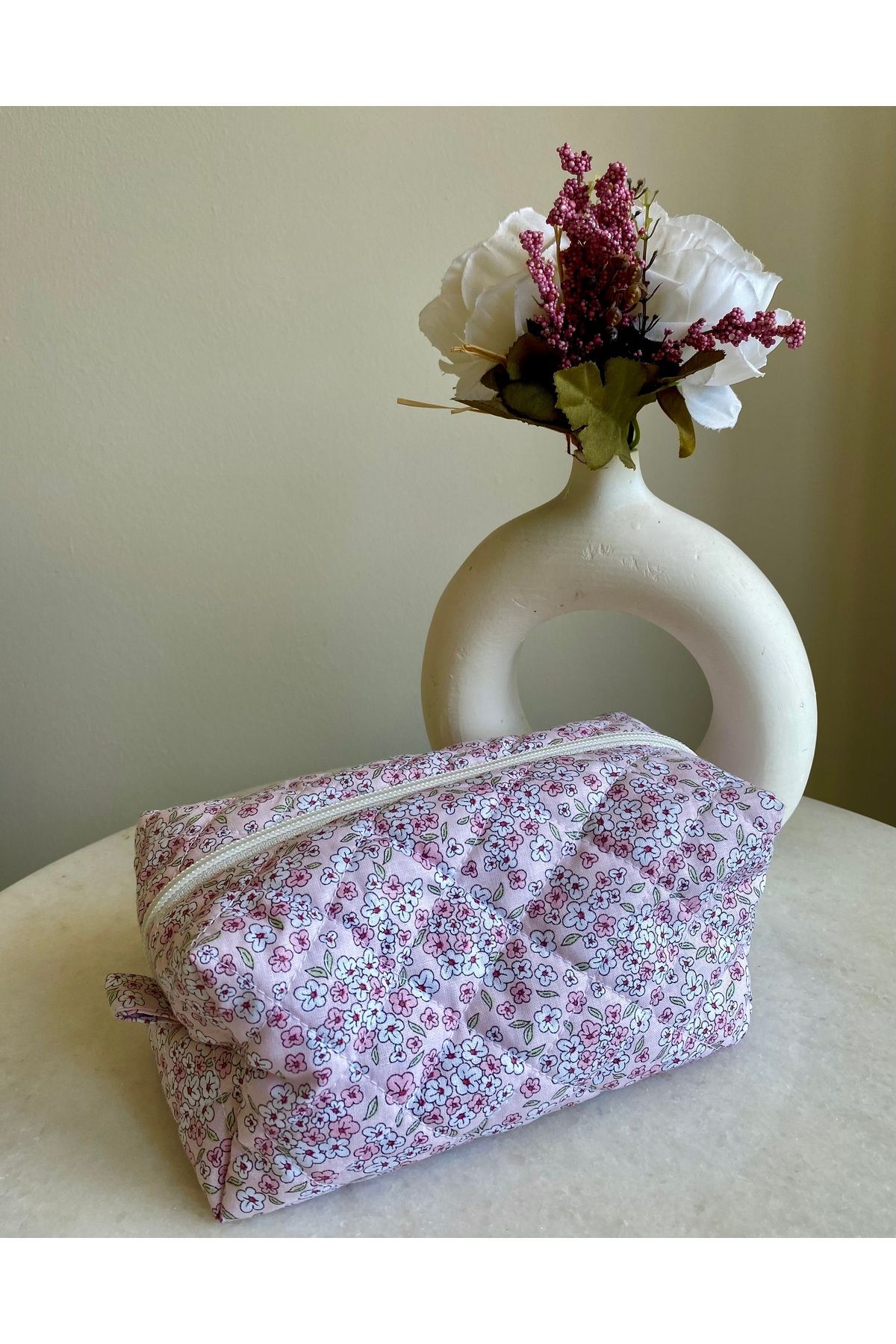 LUSSO Tekstil Pembe Çiçek Desenli Makyaj Çantası