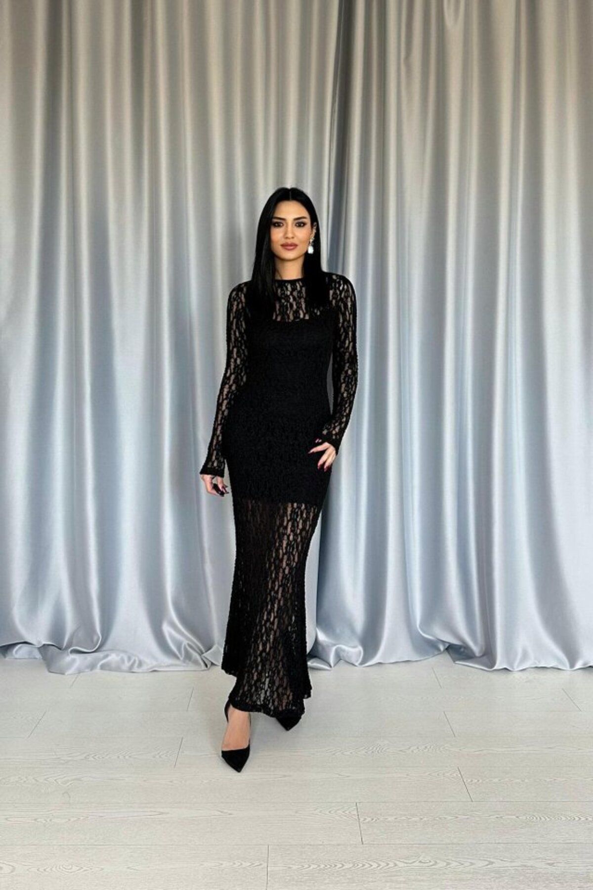 velmorafashion Siyah Dantelli Uzun Kollu Elbise