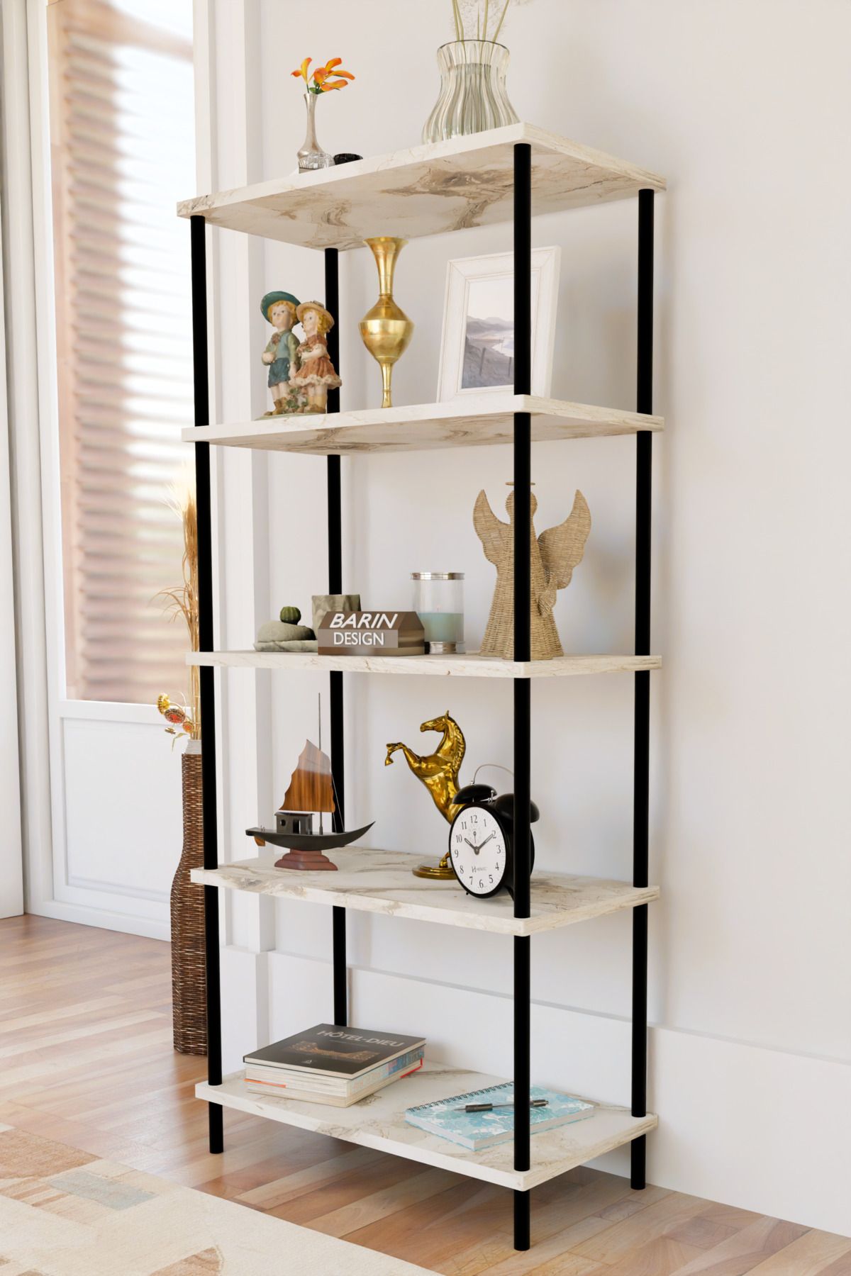BARIN DESIGN 5 Raflı Modern Metal Gövdeli Kitaplık Çevir-Tak Kolay Kurulum Çalışma Odası, Salon, Ofis Kullanımı