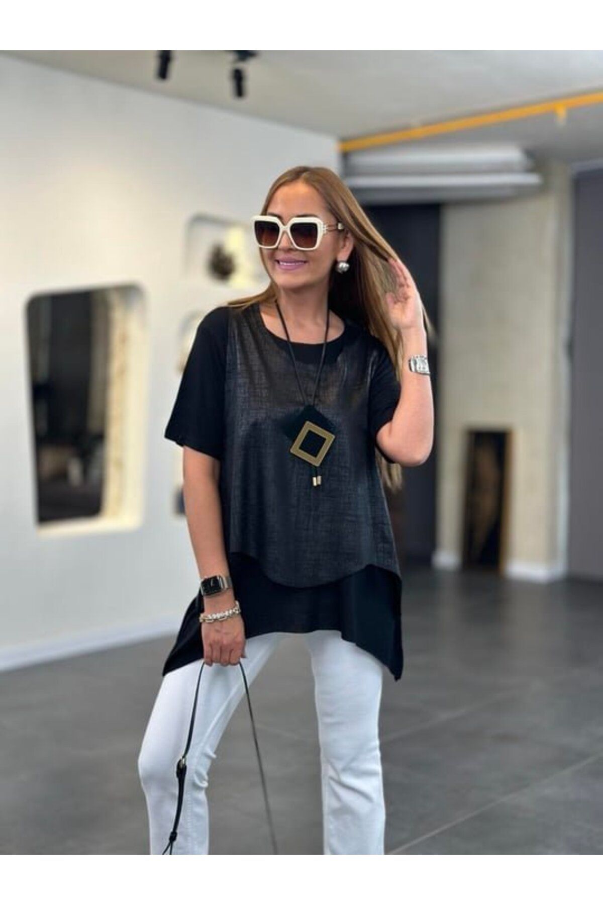 velmorafashion Kadın Kısa Kollu Bisiklet Yaka Yelek Bluz Asimetrik Kesim İkili Takım Bluz
