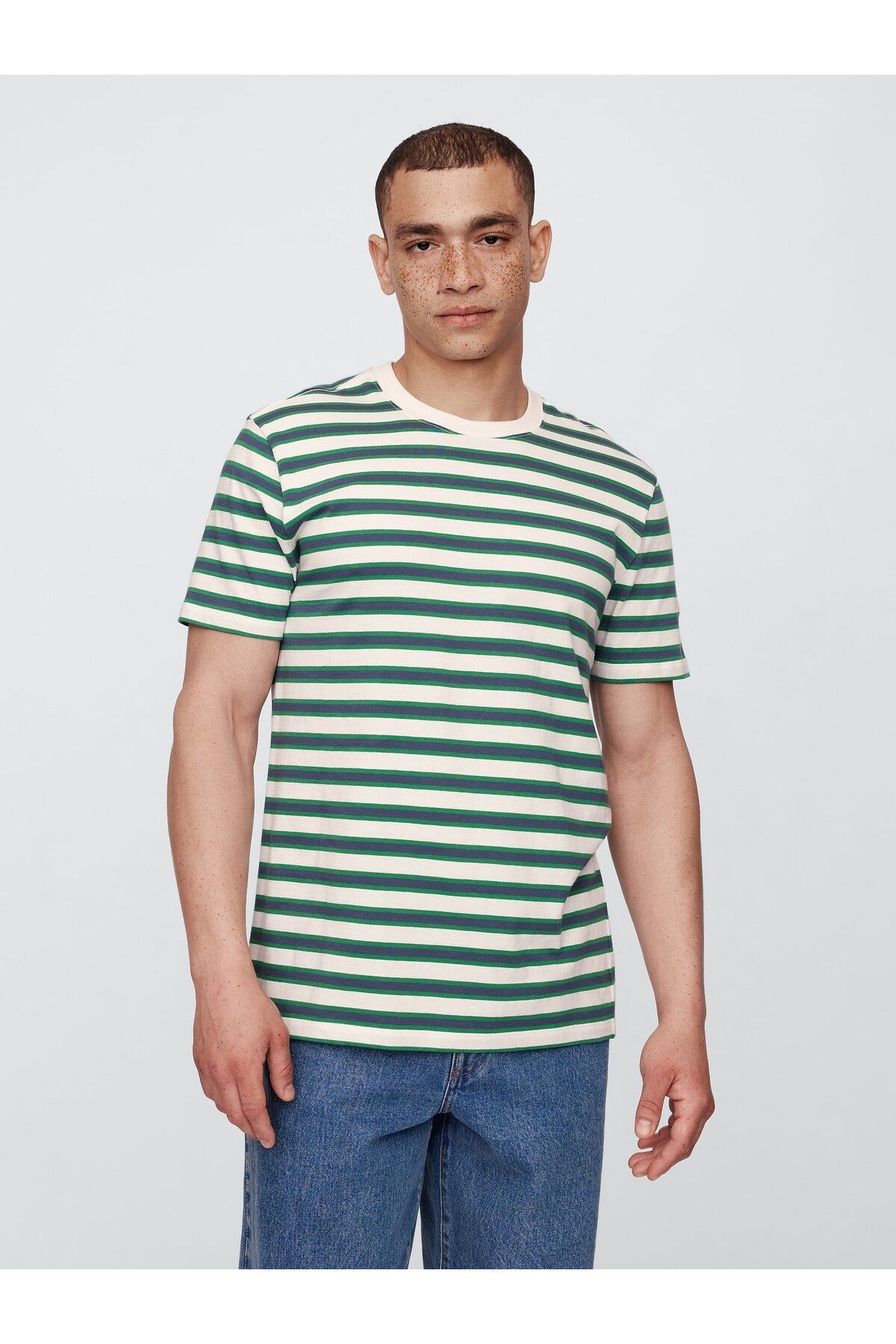 GAP Erkek Yeşil Yuvarlak Yaka Çizgili T-Shirt