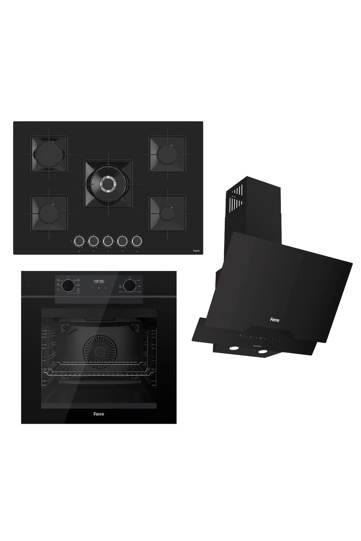 Ferre FRYART-SILENTART Serisi Siyah Set (SS035 + QEP63CS +D063-SA ) - Emaye Izgara-75 Cm Ocak