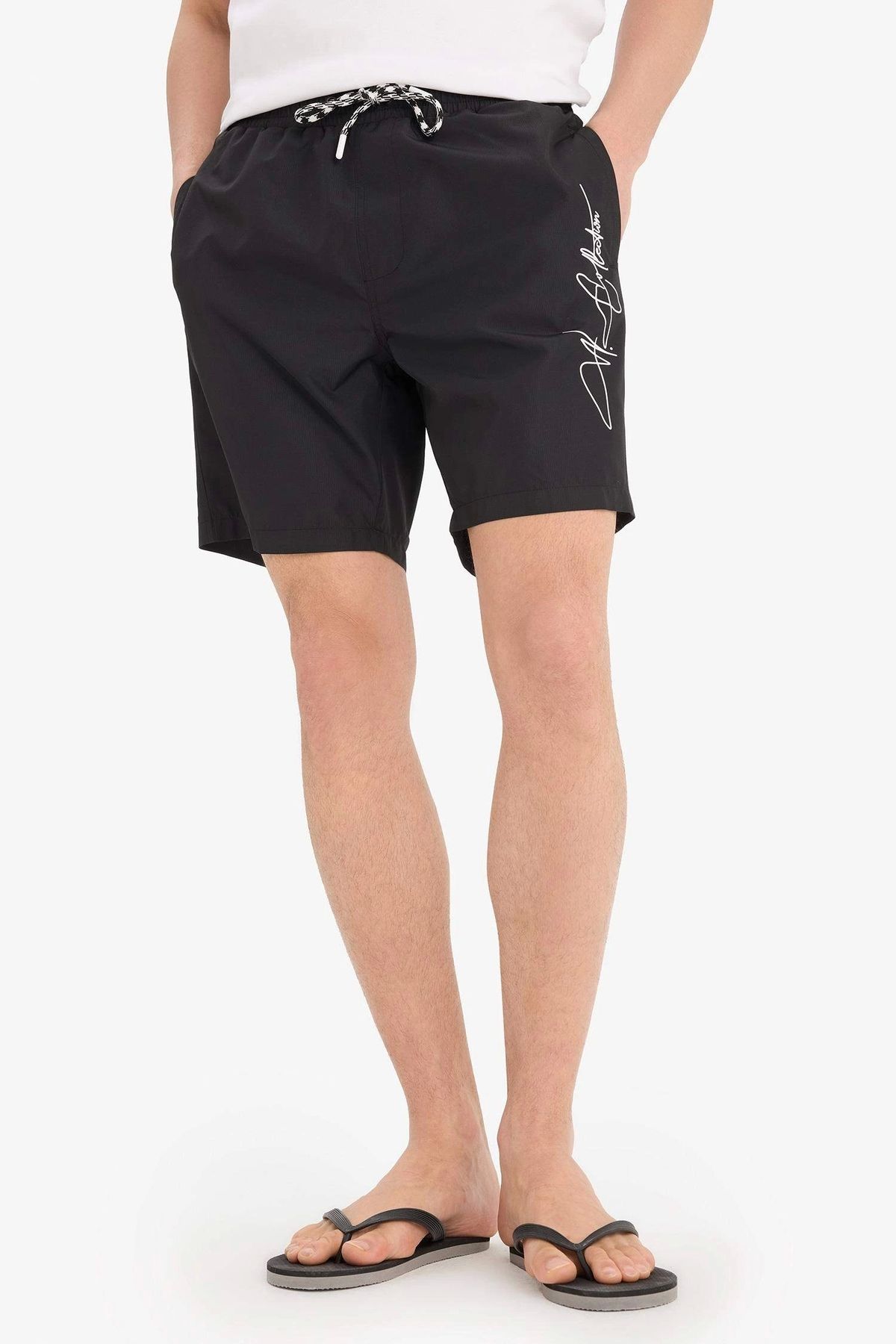DeFacto B7255 Siyah Regular Fit File Astarlı Kısa Boy Deniz Şortu