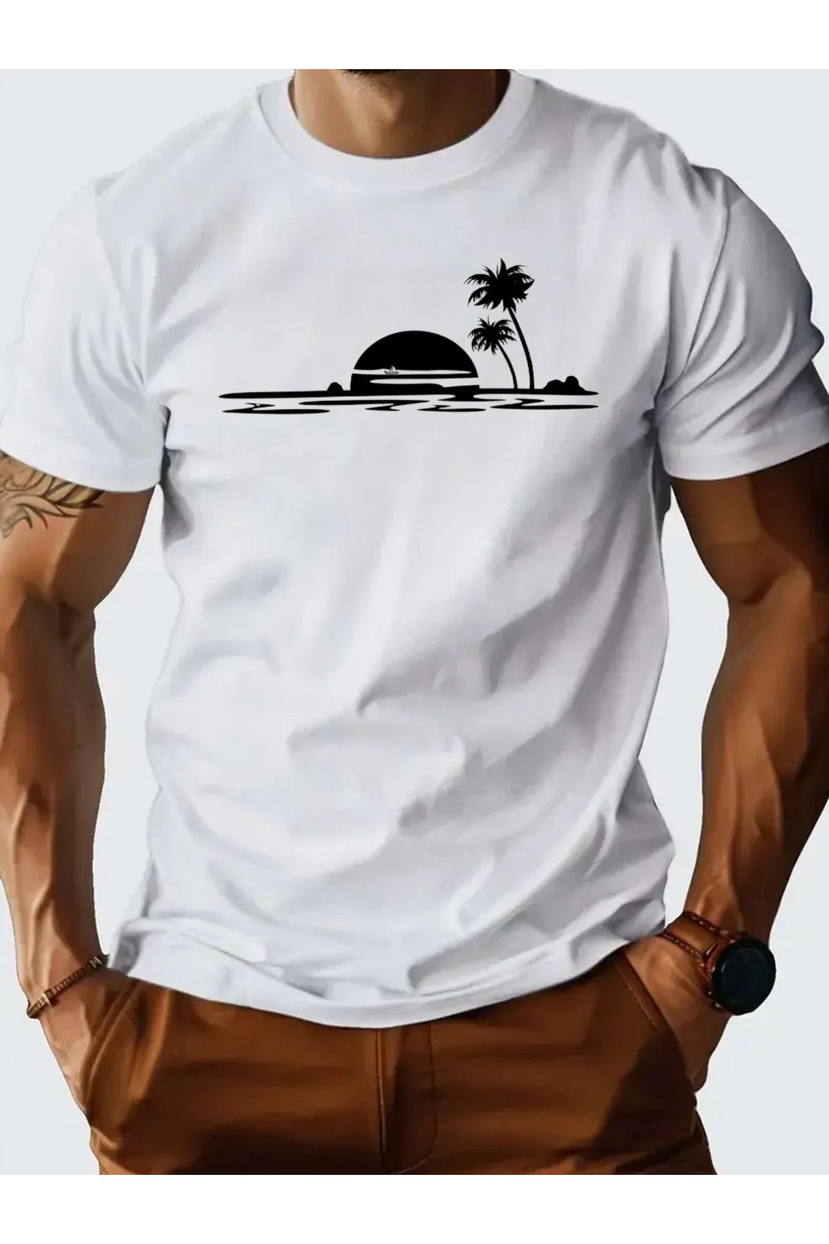 LUNAVISTA Island Baskılı Bisiklet Yaka Kısa Kol T-shirt
