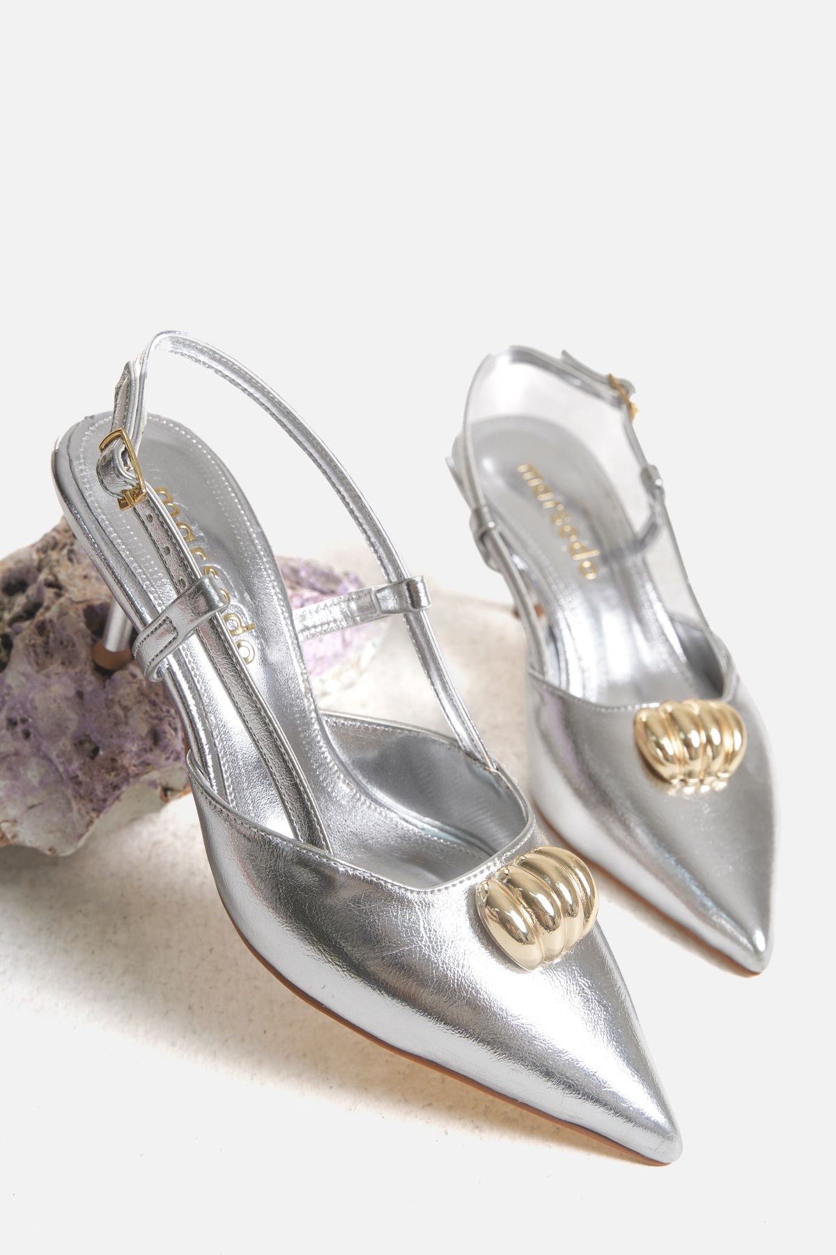 MARSEDO Garcia Kadın Stiletto Gold Aksesuar Detaylı Topuklu Ayakkabı Gümüş