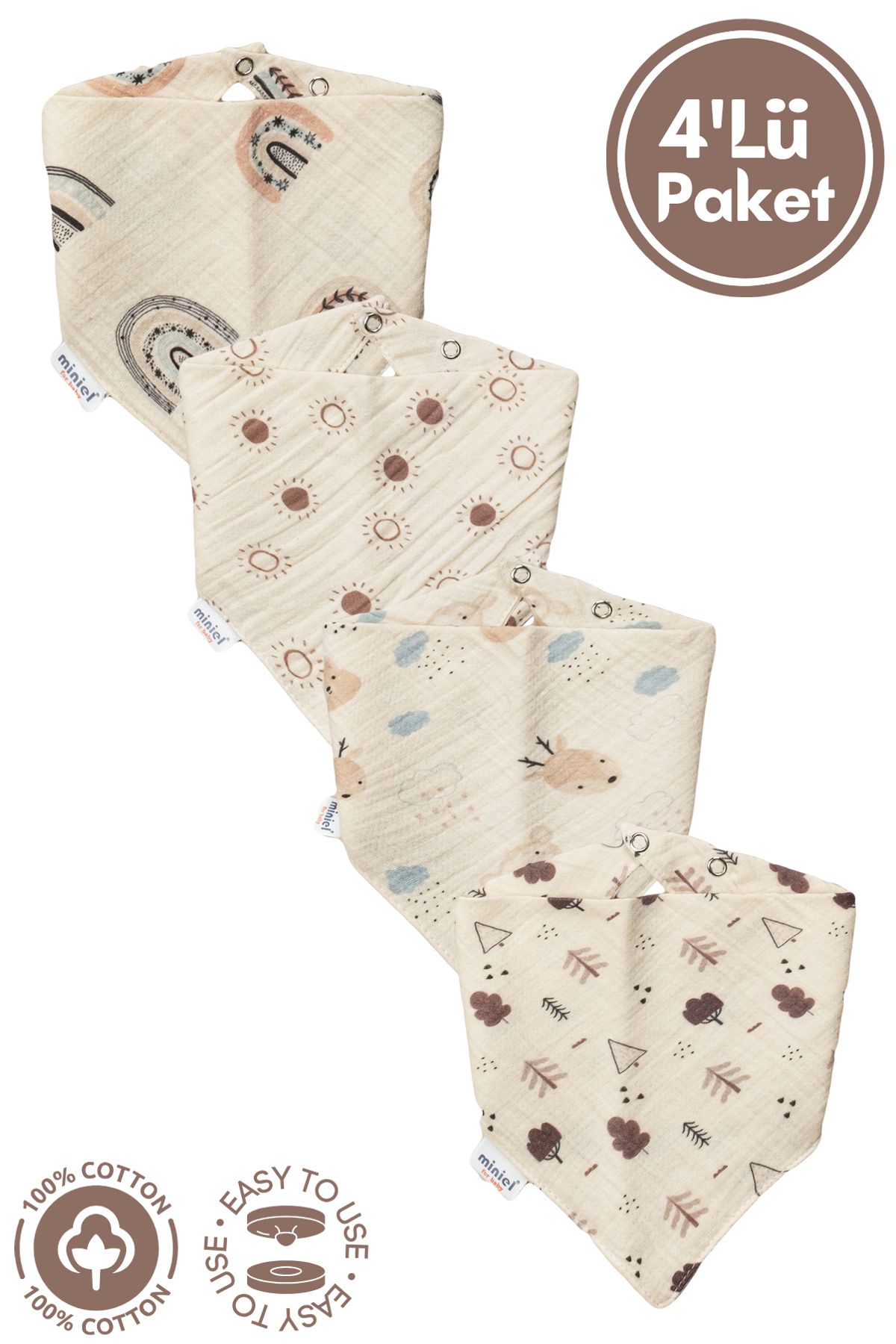 Miniel Unisex Bebek %100 Organik Pamuklu Baskılı Müslin Kumaş Bebek Salya Önlük & Fular 4Lü Set