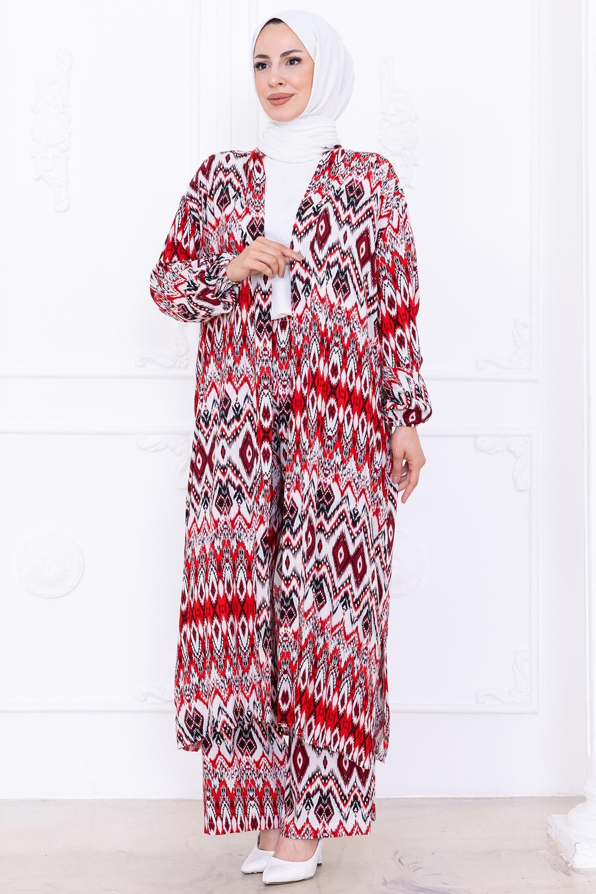 hafsamina Seva Desenli Viskon Kimono Takım Kırmızı HM2762