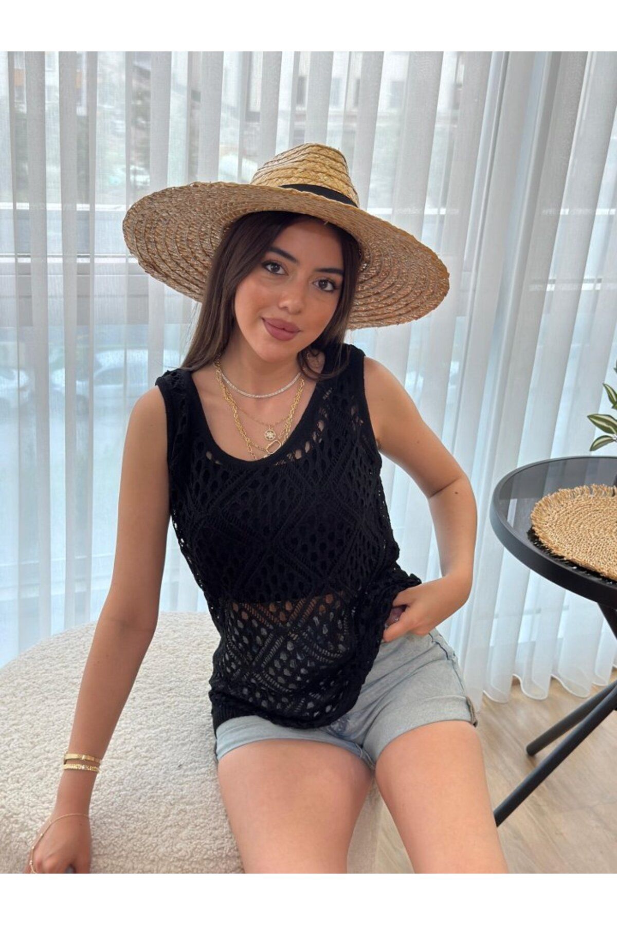 velmorafashion Kadın Askılı Yuvarlak Yaka Geometrik Desenli Triko Bluz
