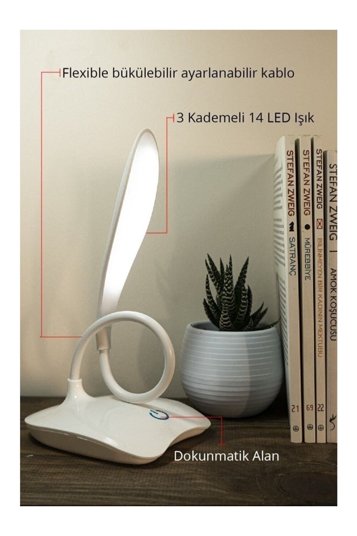 Tahtakale Dünyası Dokunmatik 3 kademeli kitap okuma oda masa ışığı USB Kablolu şarjlı aydınlatması lambası 21 cm led