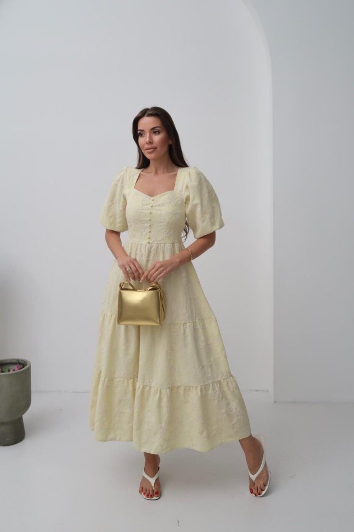 velmorafashion Sarı Süs Düğmeli Balon Kollu Elbise