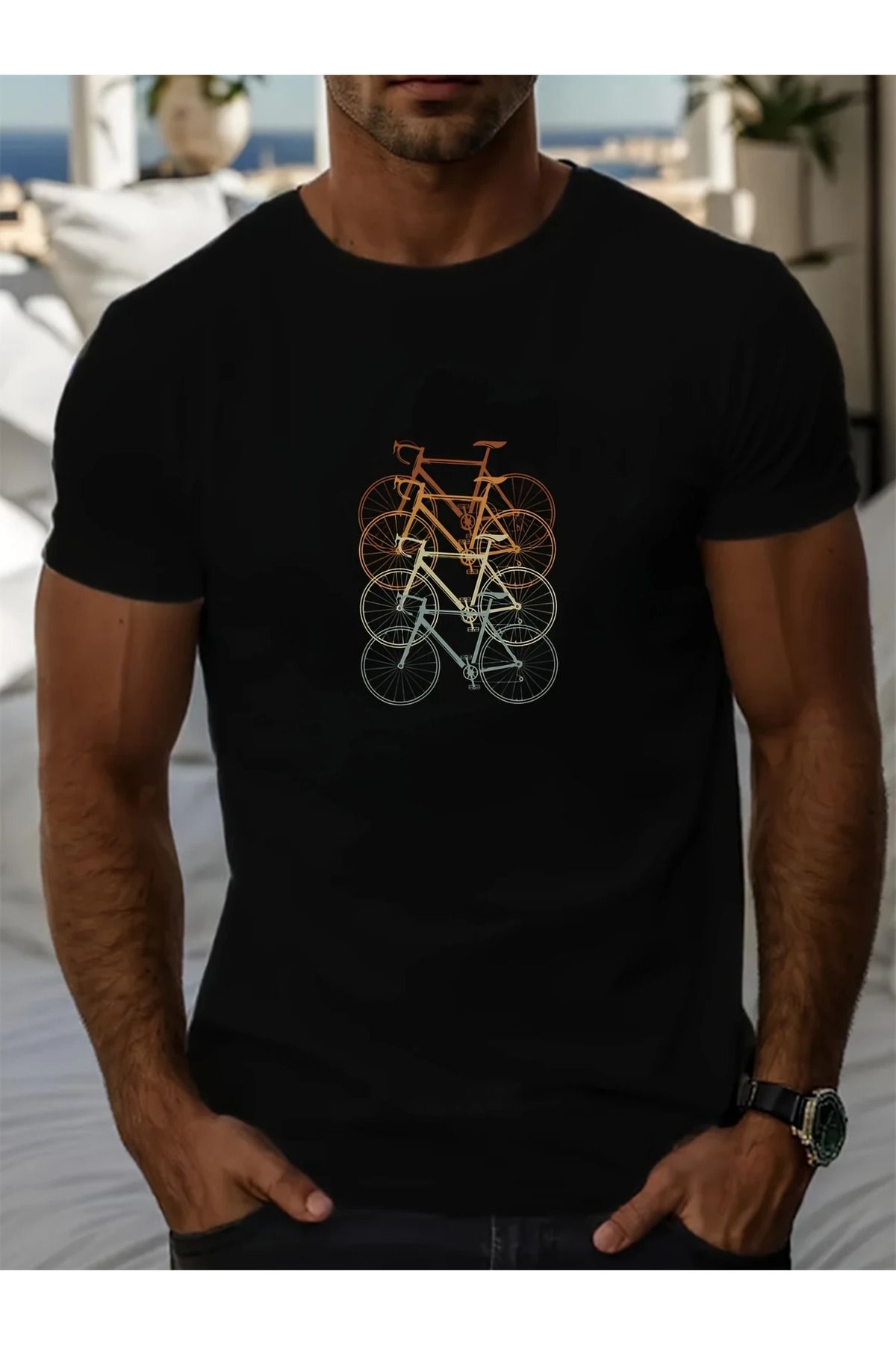 LUNAVISTA Biskilet Baskılı Bisiklet Yaka Kısa Kol T-shirt