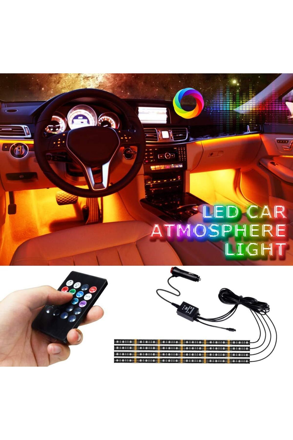 Tahtakale Dünyası 8 renkli 12 ledli araç içi kumandalı renkli RGB ambians ışığı sese duyarlı 4 parçalı ışık lamba