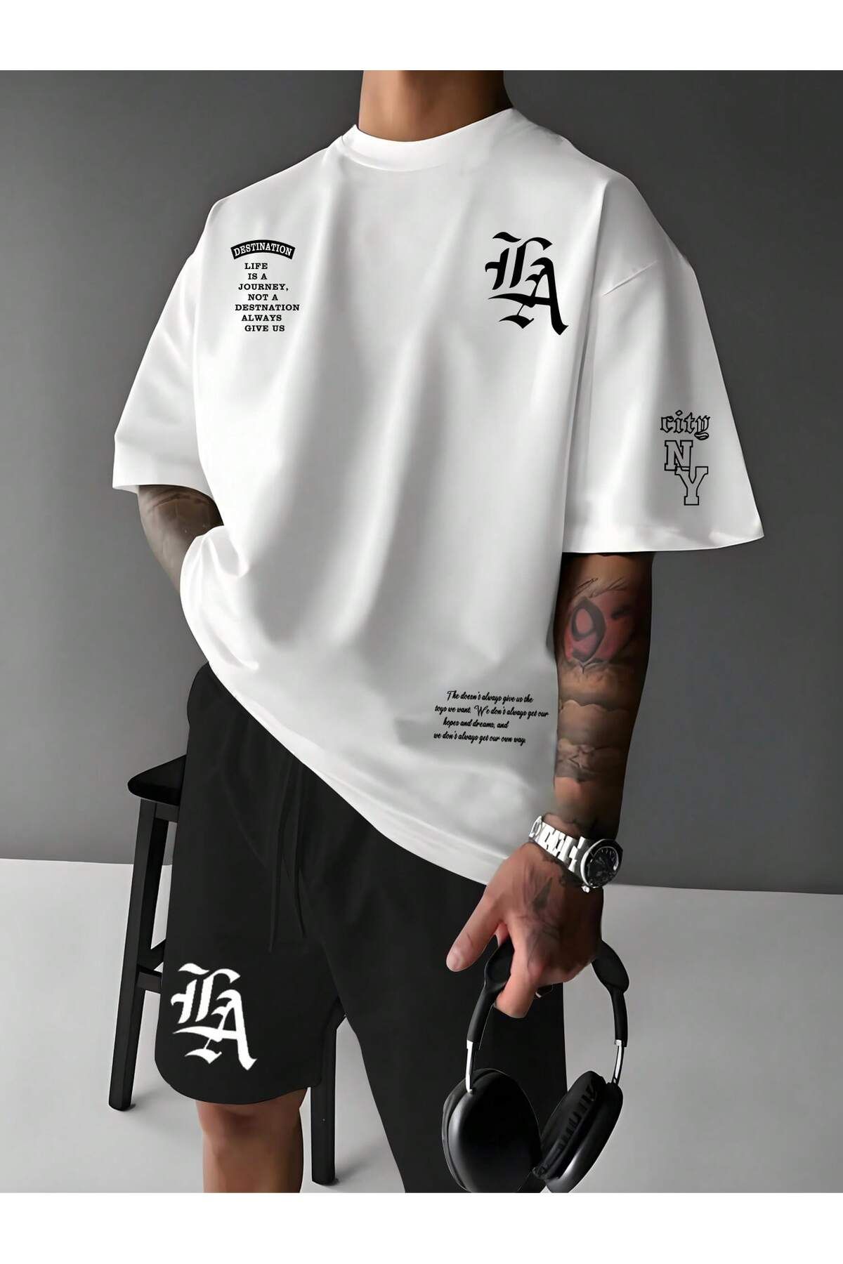 ACTIVE MODA -ERKEK KISA KOLLU PAMUKLU BASKILI TSHIRT-ŞORT TAKIMI 2Lİ