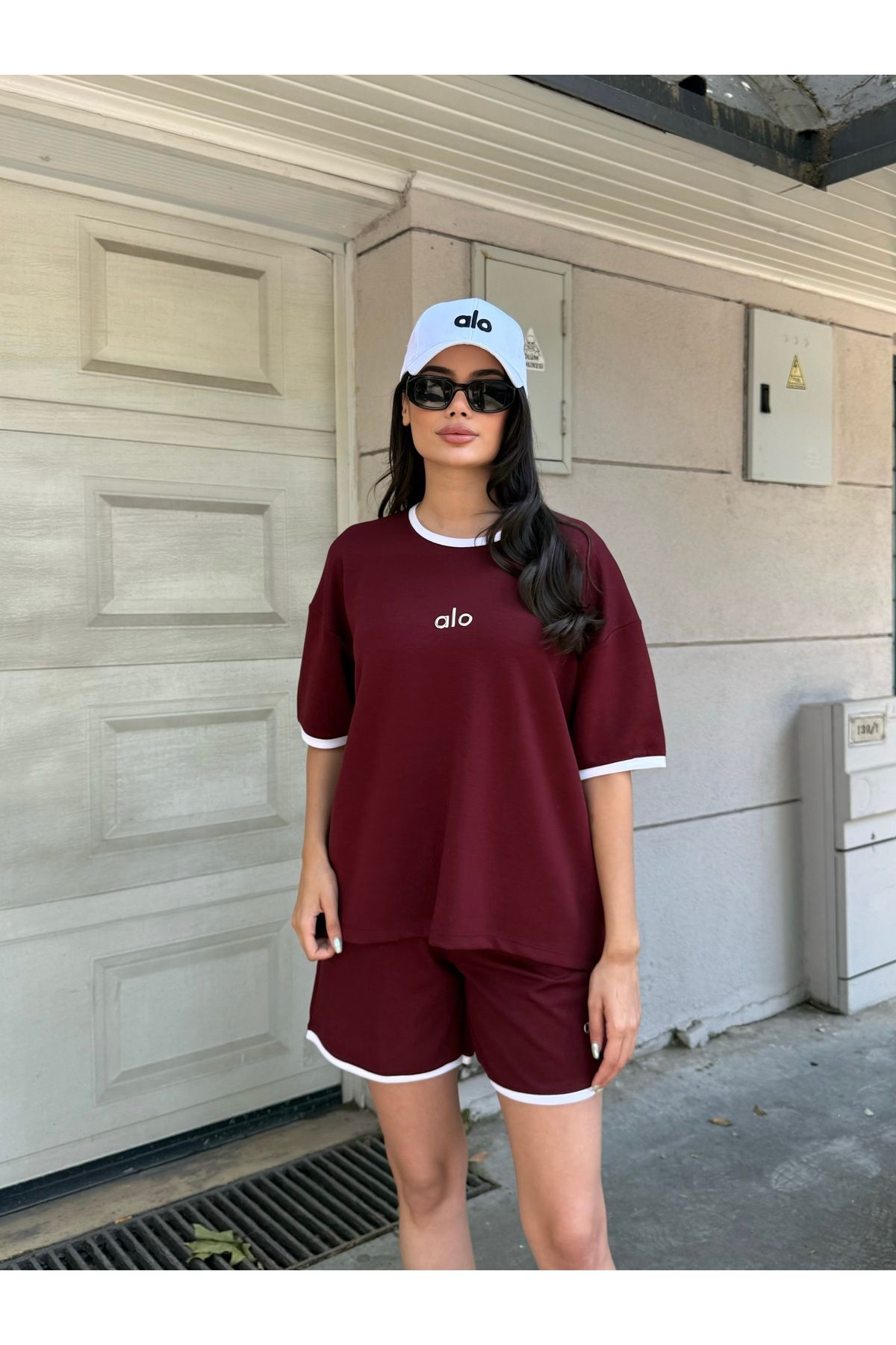 LE CARAMBOLE Kadın Bordo Modal Kumaş Nakışlı Oversize T-shirt Ve Şort Takım