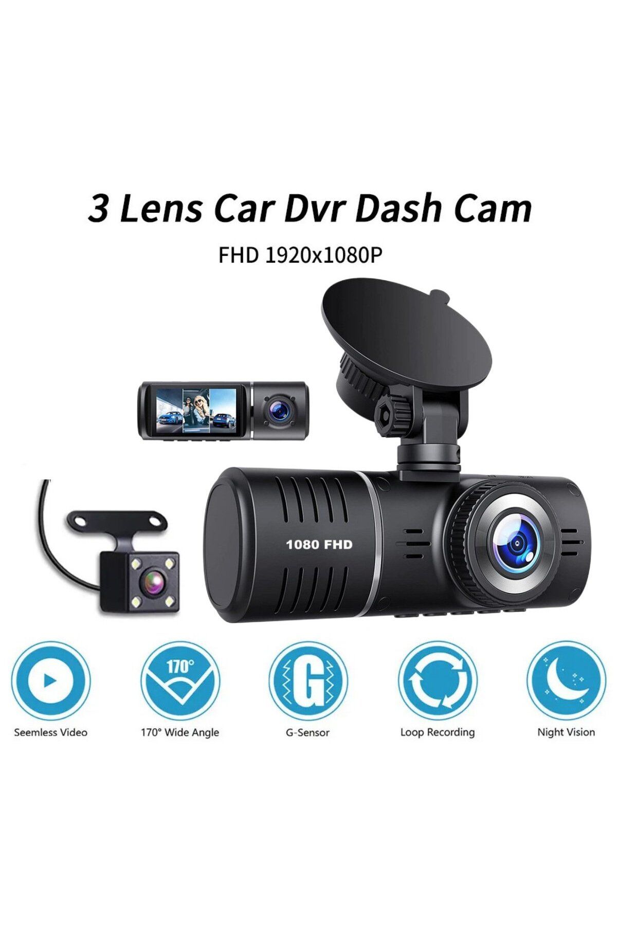 INNOVIX-1080p Dash Cam, 3 Lenses, 170° View, 2.45" IPS, Night Mode, G-Sensor, Loop, SD up to 64GB 4