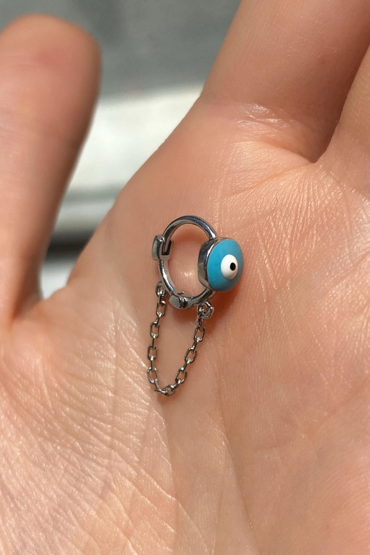 Spossy Silver Jewelry Büyük Boy Mineli Nazar Göz Zincirli Halka Piercing Küpe
