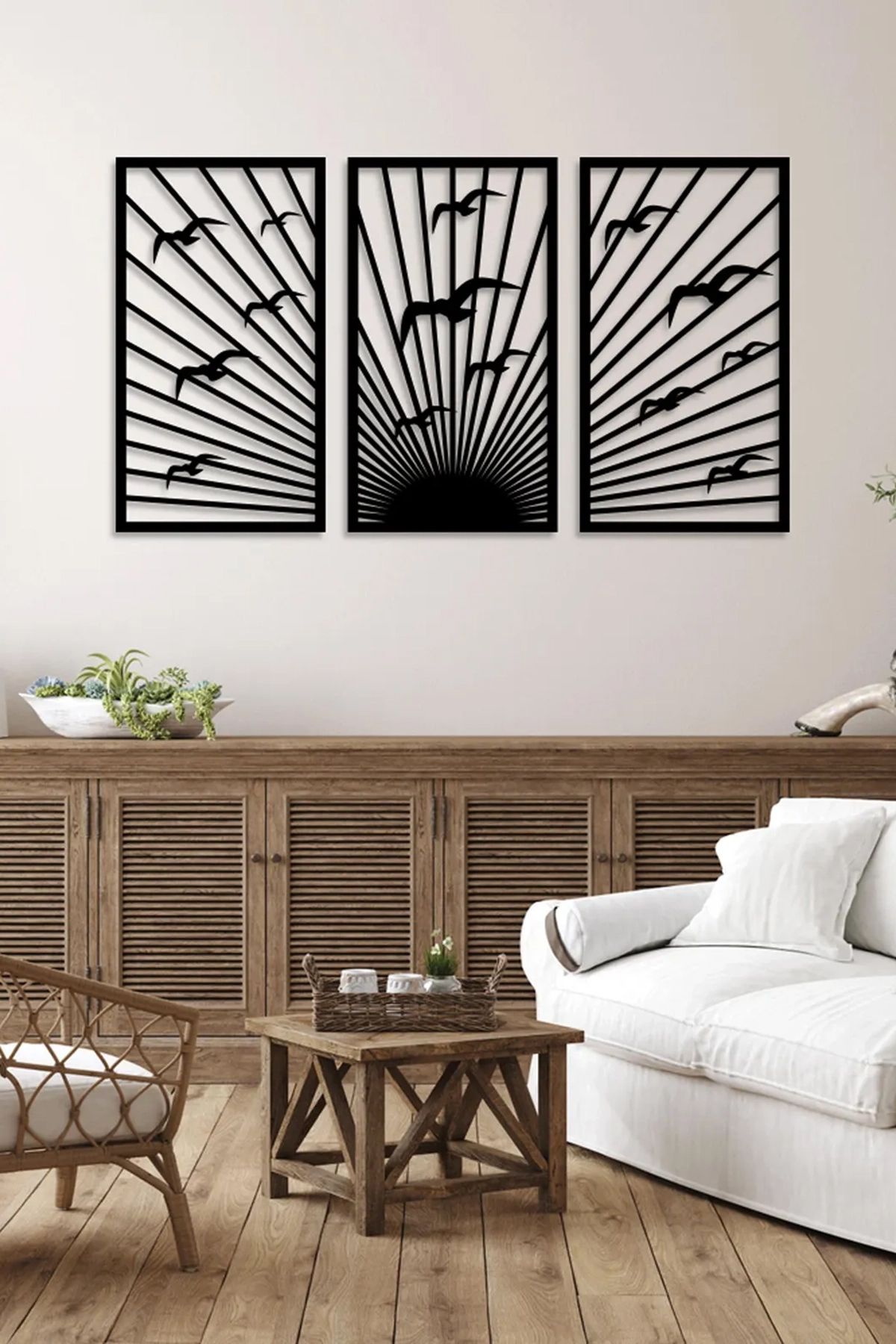 Artavessa 3 Parça Kuşlar ve Gün Batımı Temalı Lazer Kesim Mdf Tablo Seti - Model 5