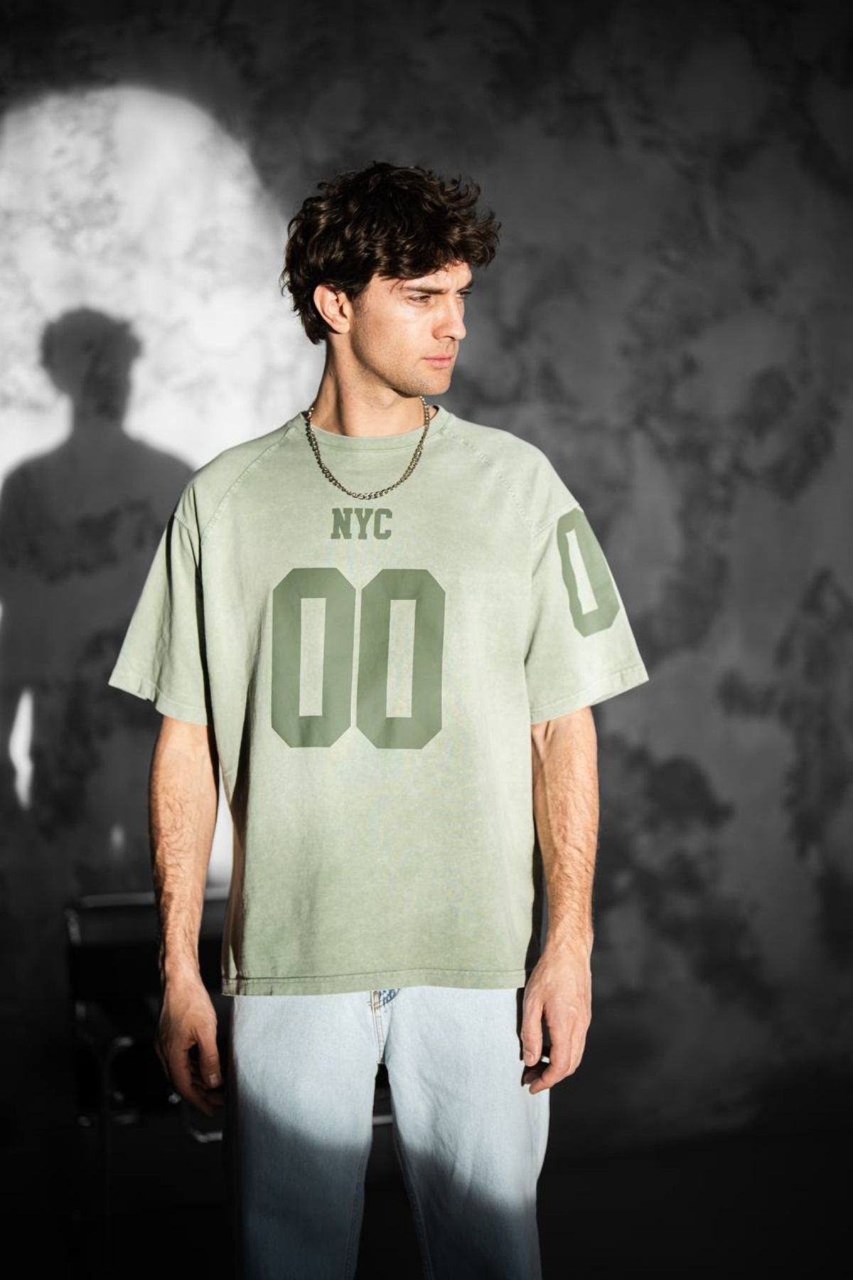 Chirkef Unisex Haki Yıkamalı Oversize 100% Pamuk Premium Kumaş Baskılı Bisiklet Yaka Sokak Stili T-Shirt 00