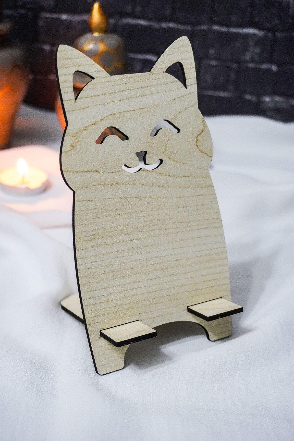 markcat Kedi Figürlü Ahşap Masaüstü Telefon Tutucu