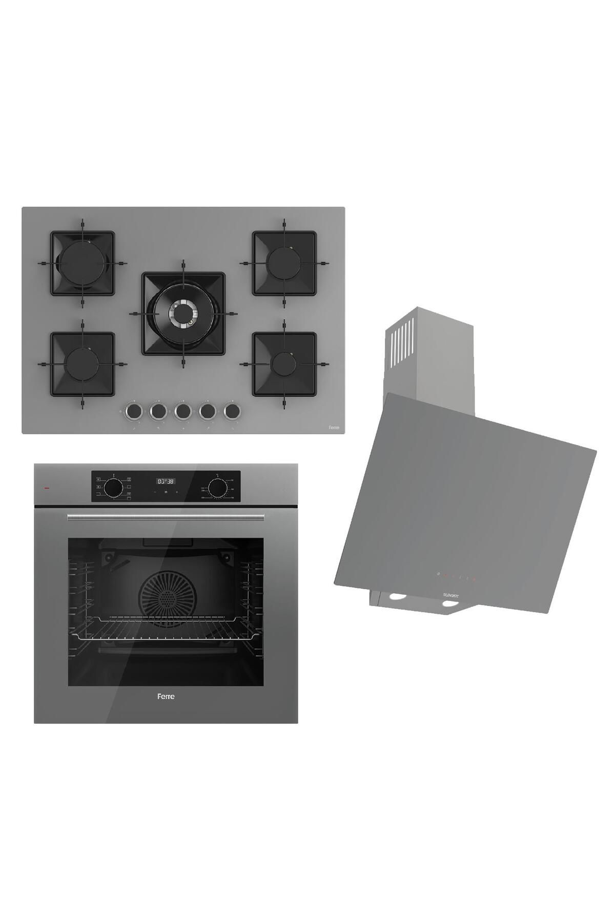 Ferre FLOWART-SILENTART Serisi Gri Set (SS038 + QBL63CPR +D079-SA ) - Döküm Izgara / 75 cm Ocak