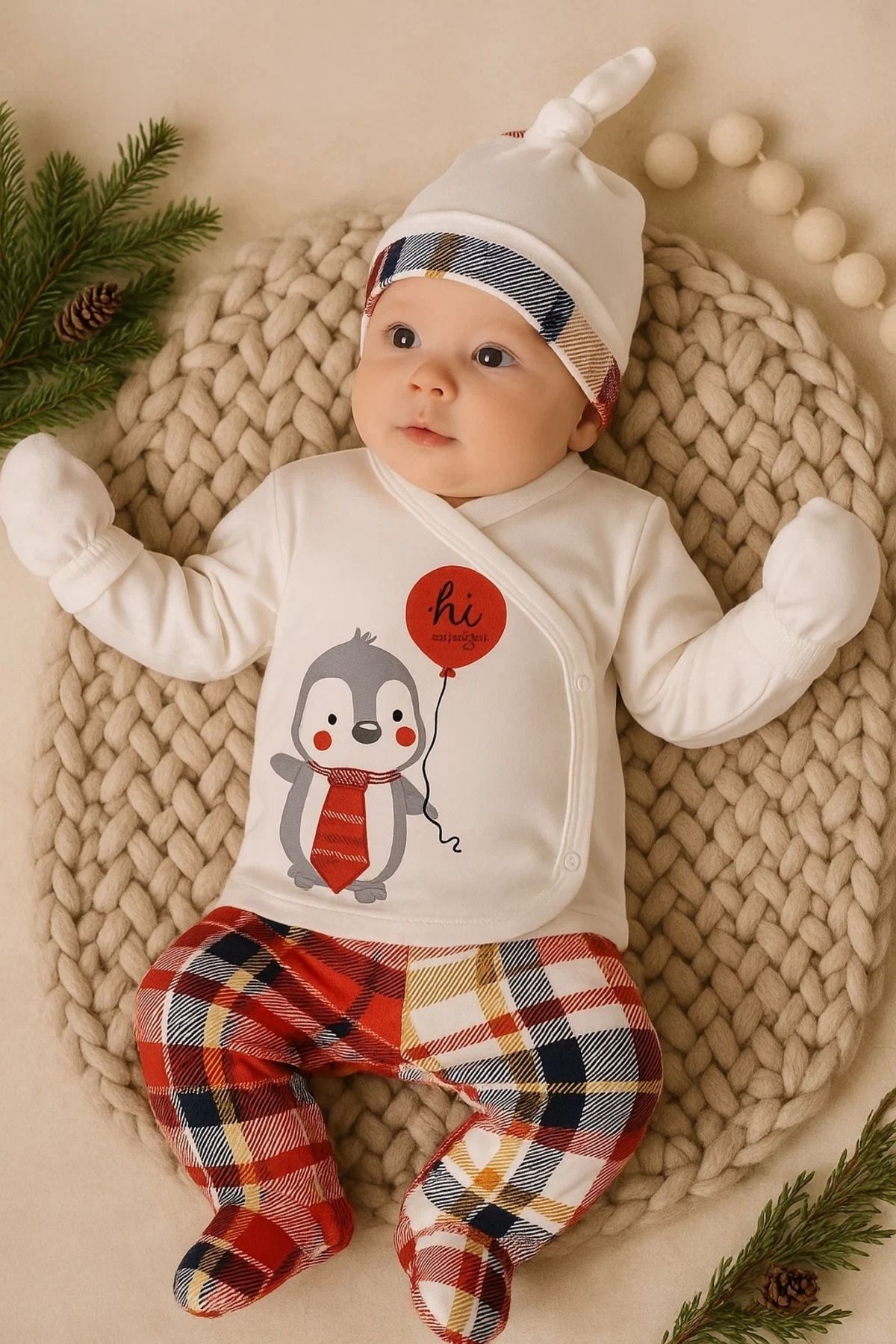 Beruflic Ekoseli Penguen Desenli Fularlı 5'li Erkek Hastane Çıkışı