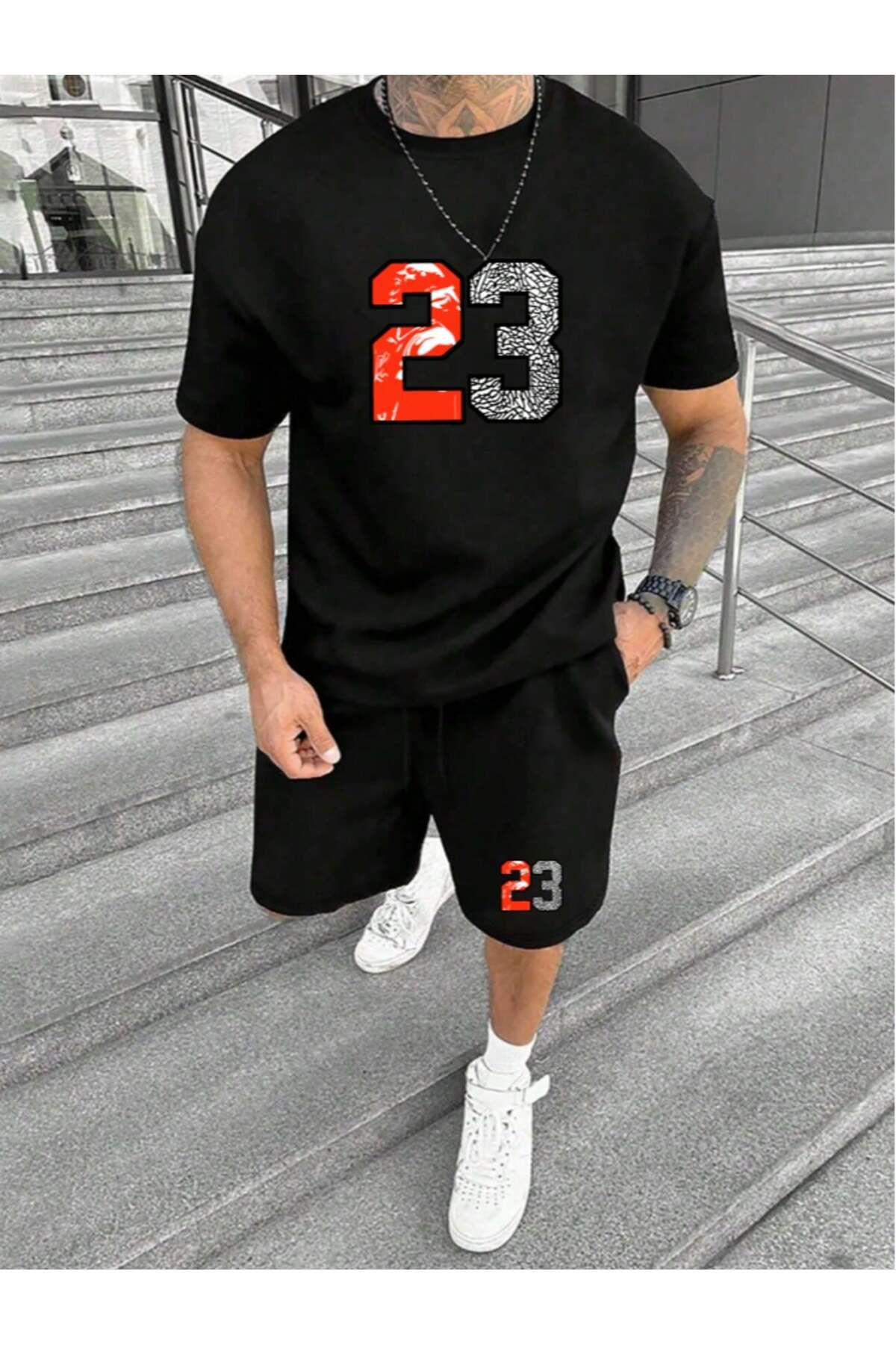 ACTIVE MODA -ERKEK KISA KOLLU TSHIRT-ŞORT TAKIMI BASKILI PAMUKLU