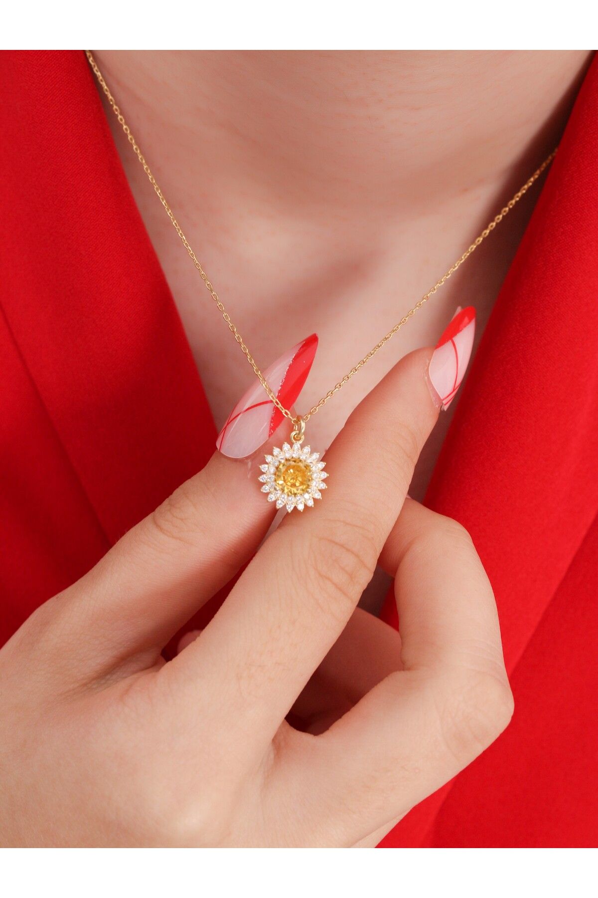 LİNOVE JEWELLERY Citrin Güneş Kolye, 925 Ayar Gümüş Kolye, Citrin Kolye, Güneşli Sarı Taşlı Kolye