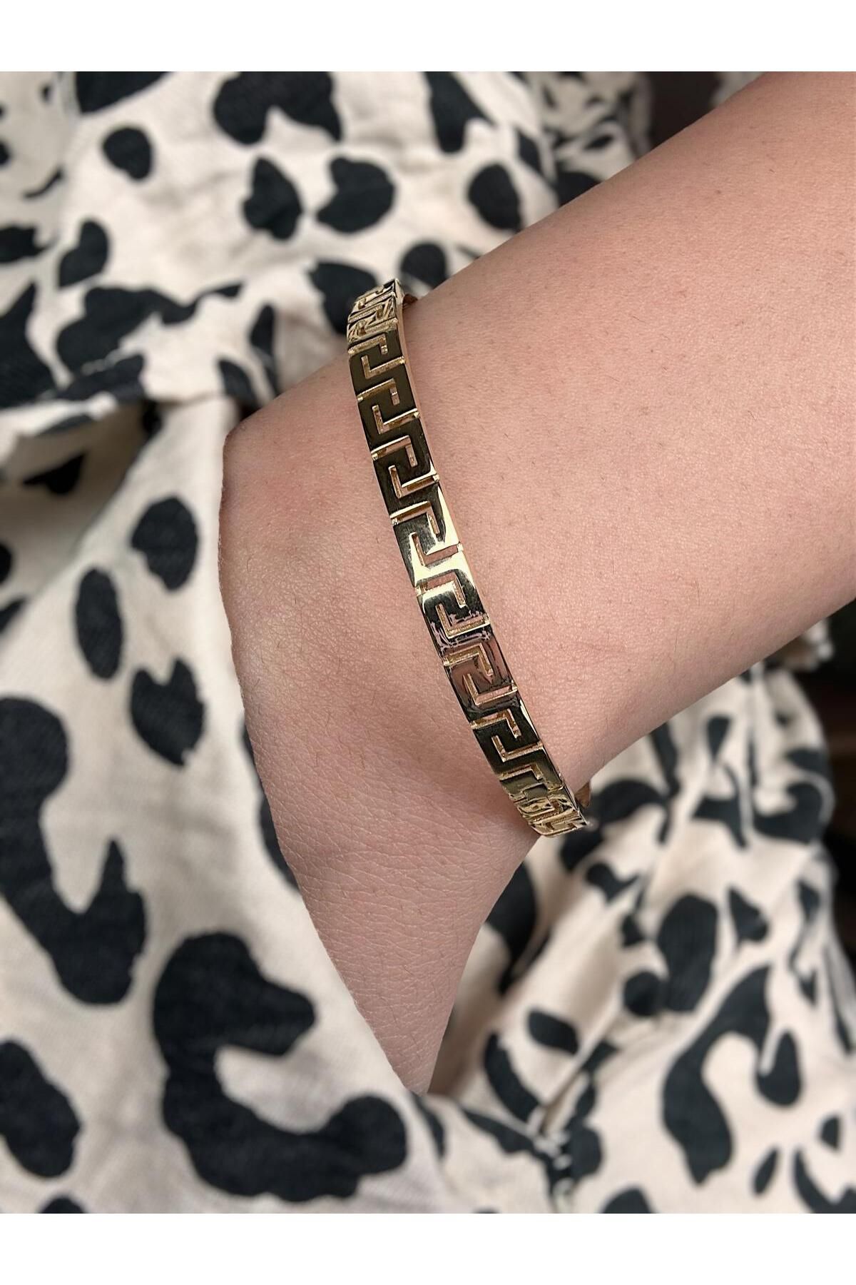 NEW'ORO JEWELRY 14 Ayar Altın Grek Motifli Kelepçe Bileklik