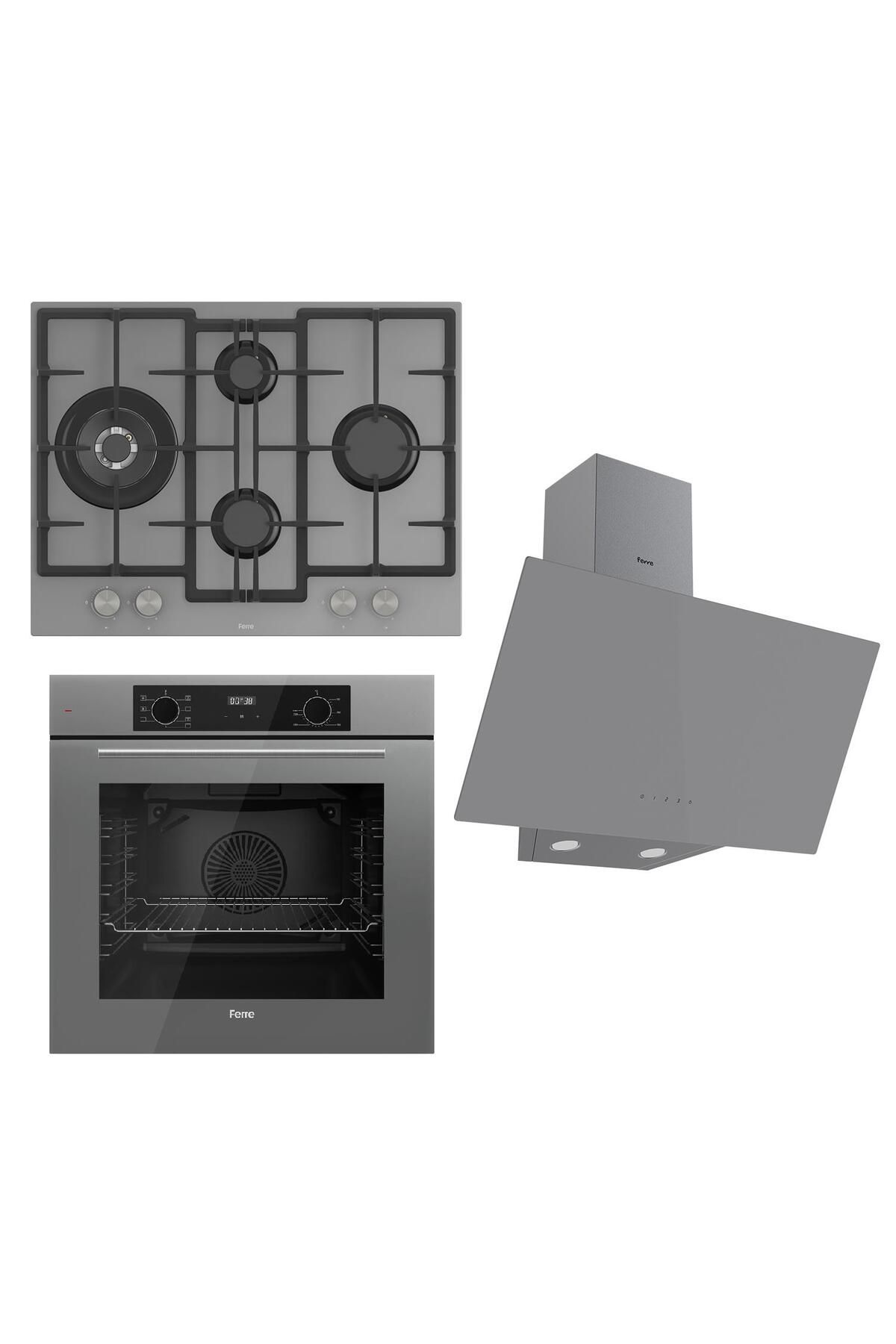 Ferre FLOWART Serisi Gri Set (ED078 + QBL63CPR +D079 ) - Döküm Izgara / 67 cm Ocak